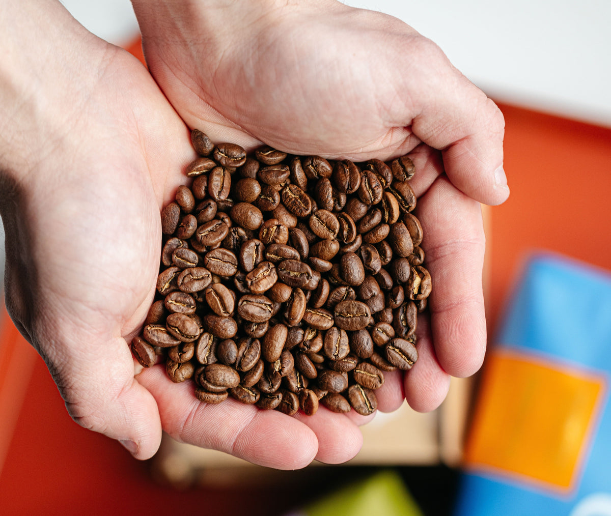 Cupped hands holding freshly roasted coffee beans with blurred colorful packaging in the background