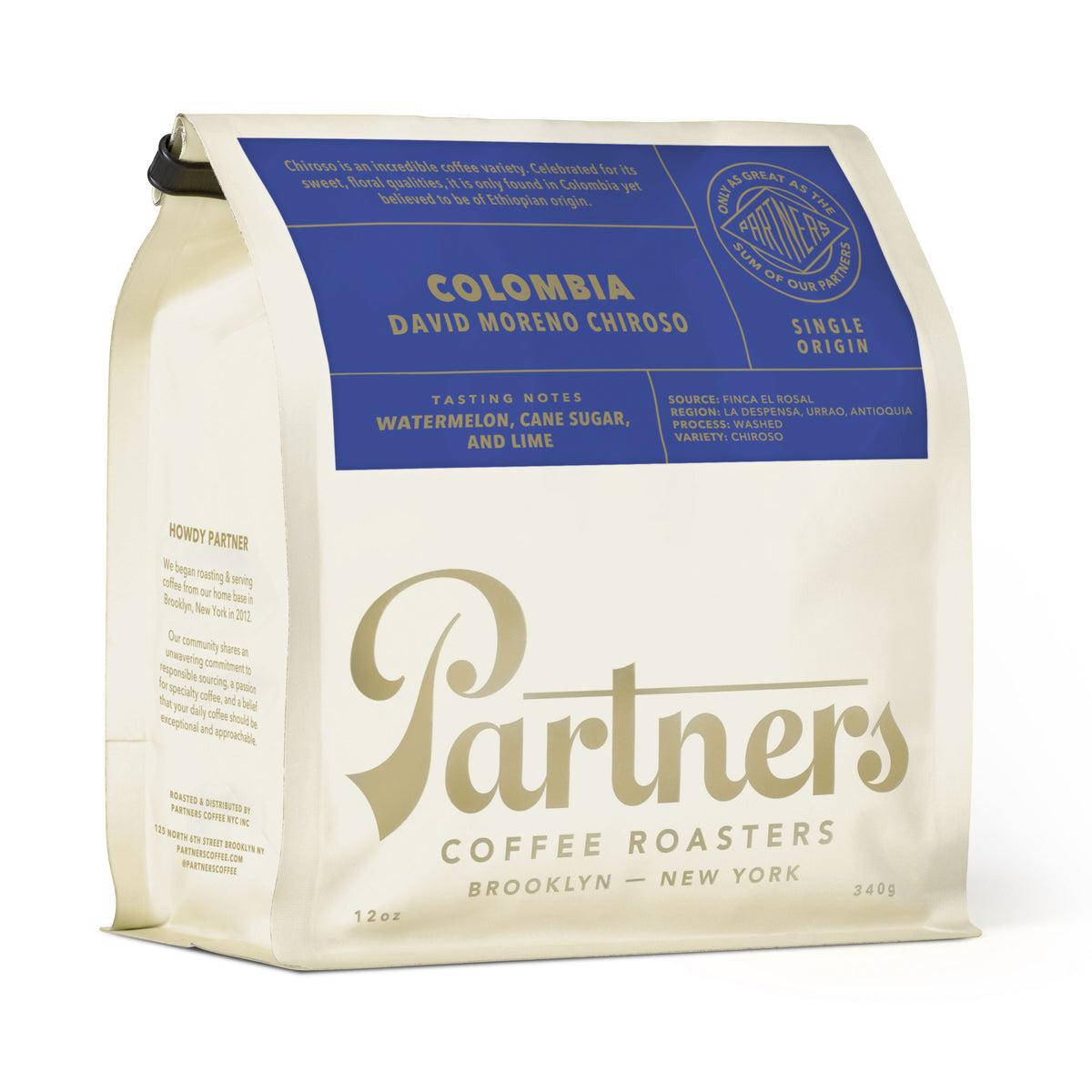 Angled view of Colombia David Moreno Chiroso coffee bag showcasing blue label and 12-ounce size on white background