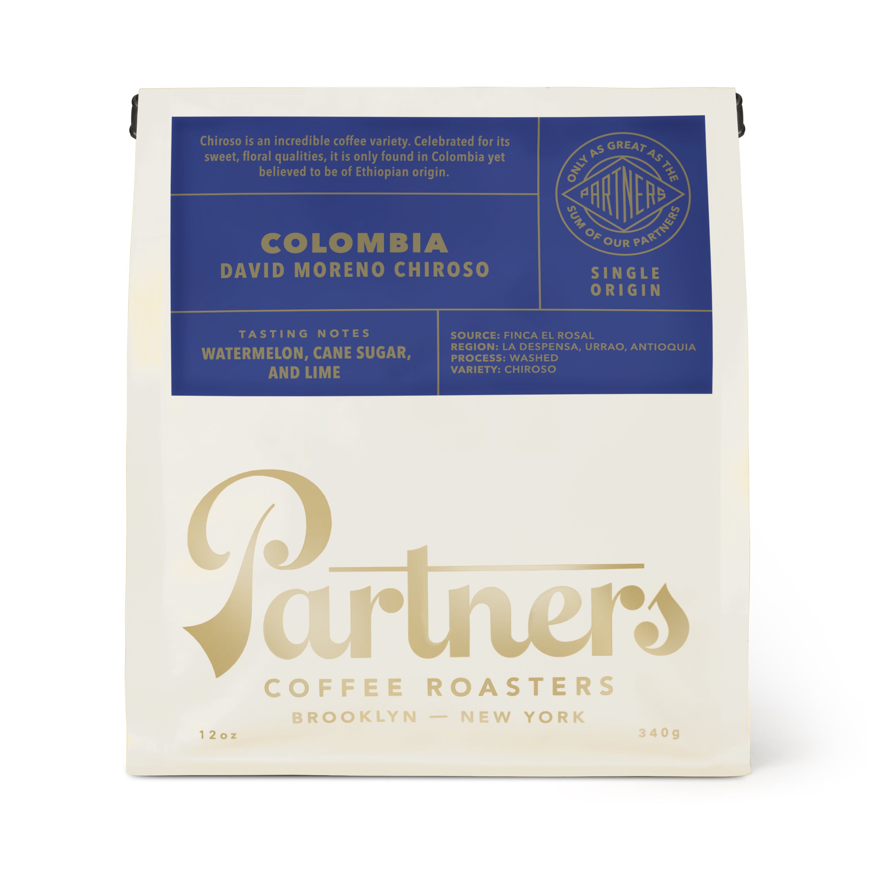 Front view of Colombia David Moreno Chiroso coffee bag showcasing watermelon, cane sugar, and lime tasting notes on a white background