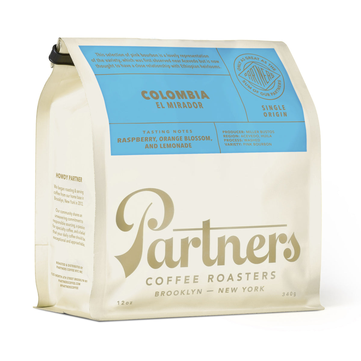 Angled view of Colombia El Mirador coffee bag showcasing 12 ounce packaging and tasting notes on a white background