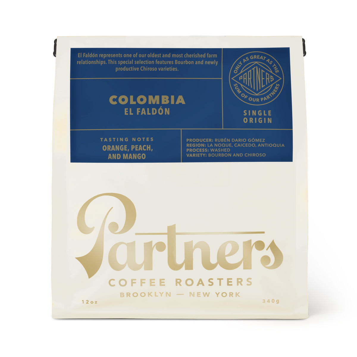 Front view of Colombia El Faldón 12oz coffee bag showcasing orange, peach, and mango tasting notes against a white background