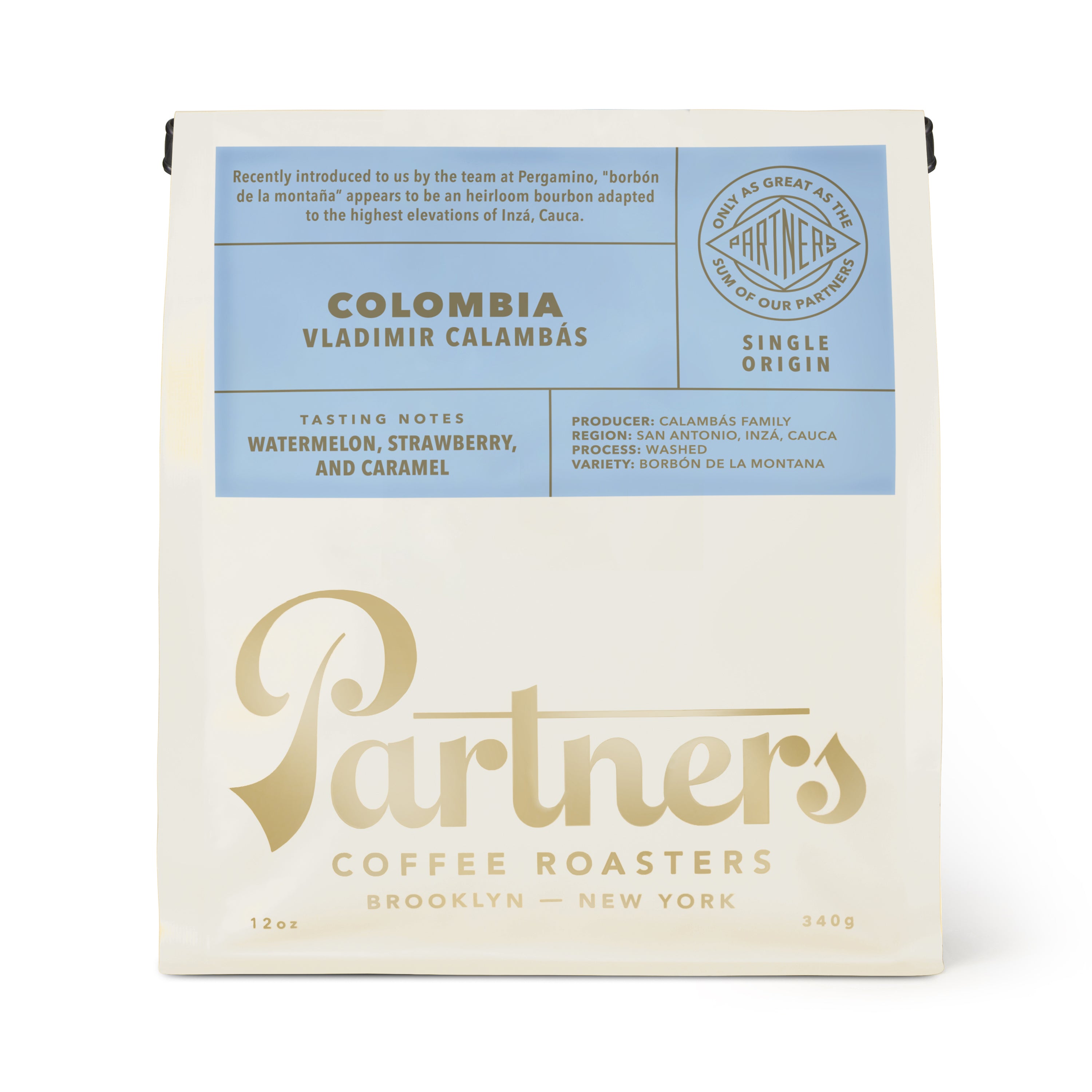 Front view of the Colombia Vladimir Calambás coffee bag showcasing its blue label and 12oz size against a white background
