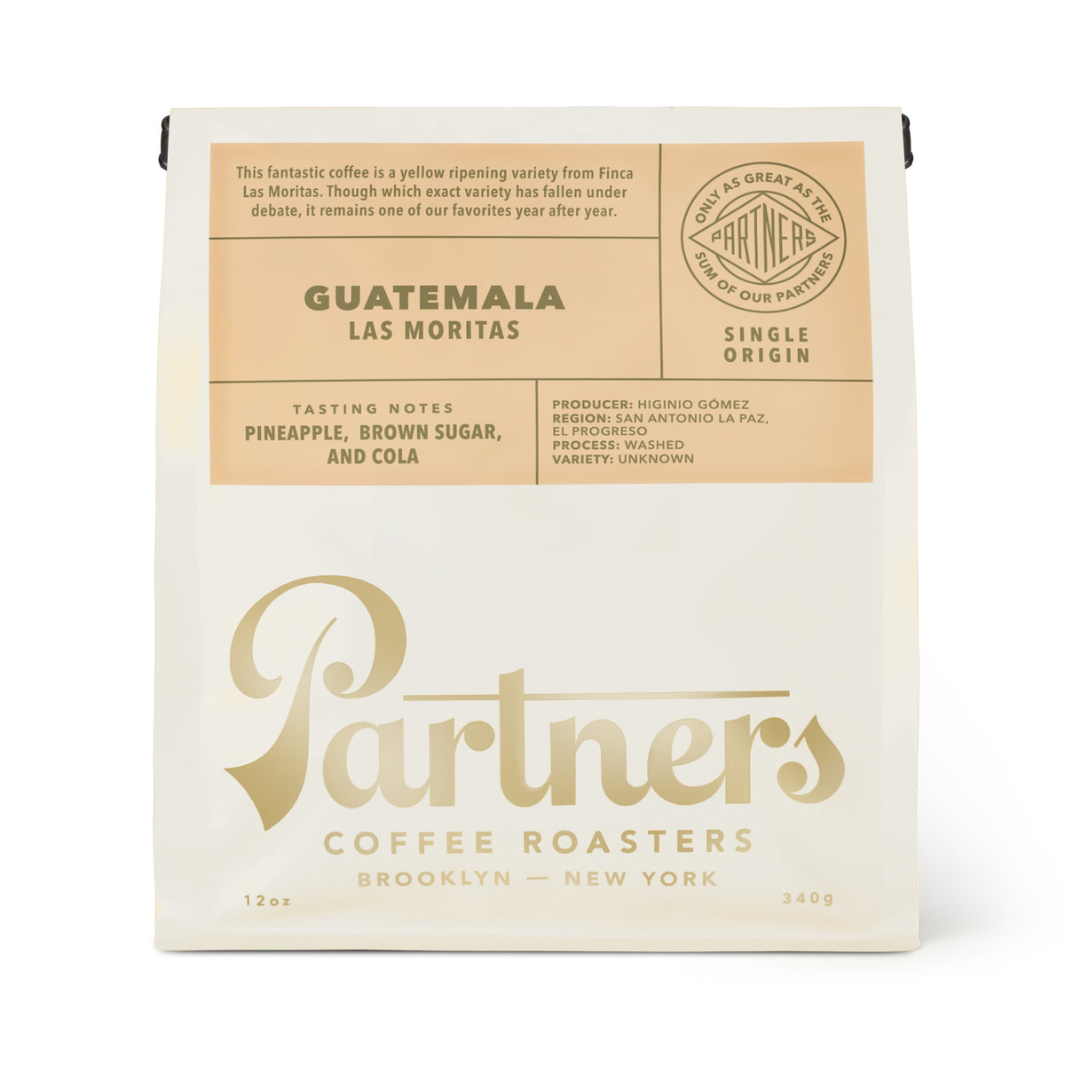 Front view of Guatemala Las Moritas coffee bag showcasing pineapple, brown sugar, and cola tasting notes on a white background