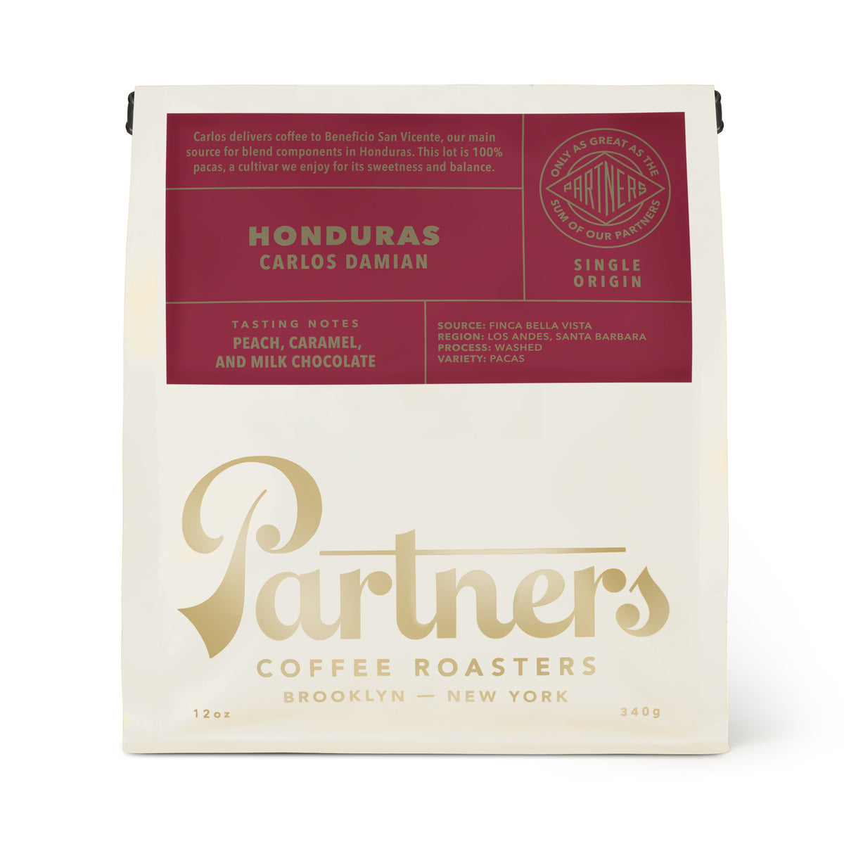 Front view of a 12 ounce Honduras Carlos Damian coffee bag showcasing peach, caramel, and milk chocolate tasting notes