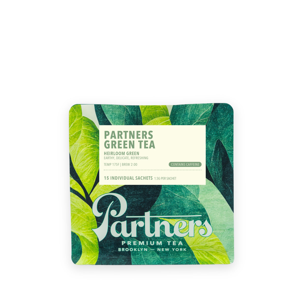 Front view of Partners Green Tea package showcasing 15 individual 1.5g sachets and leafy design on white background