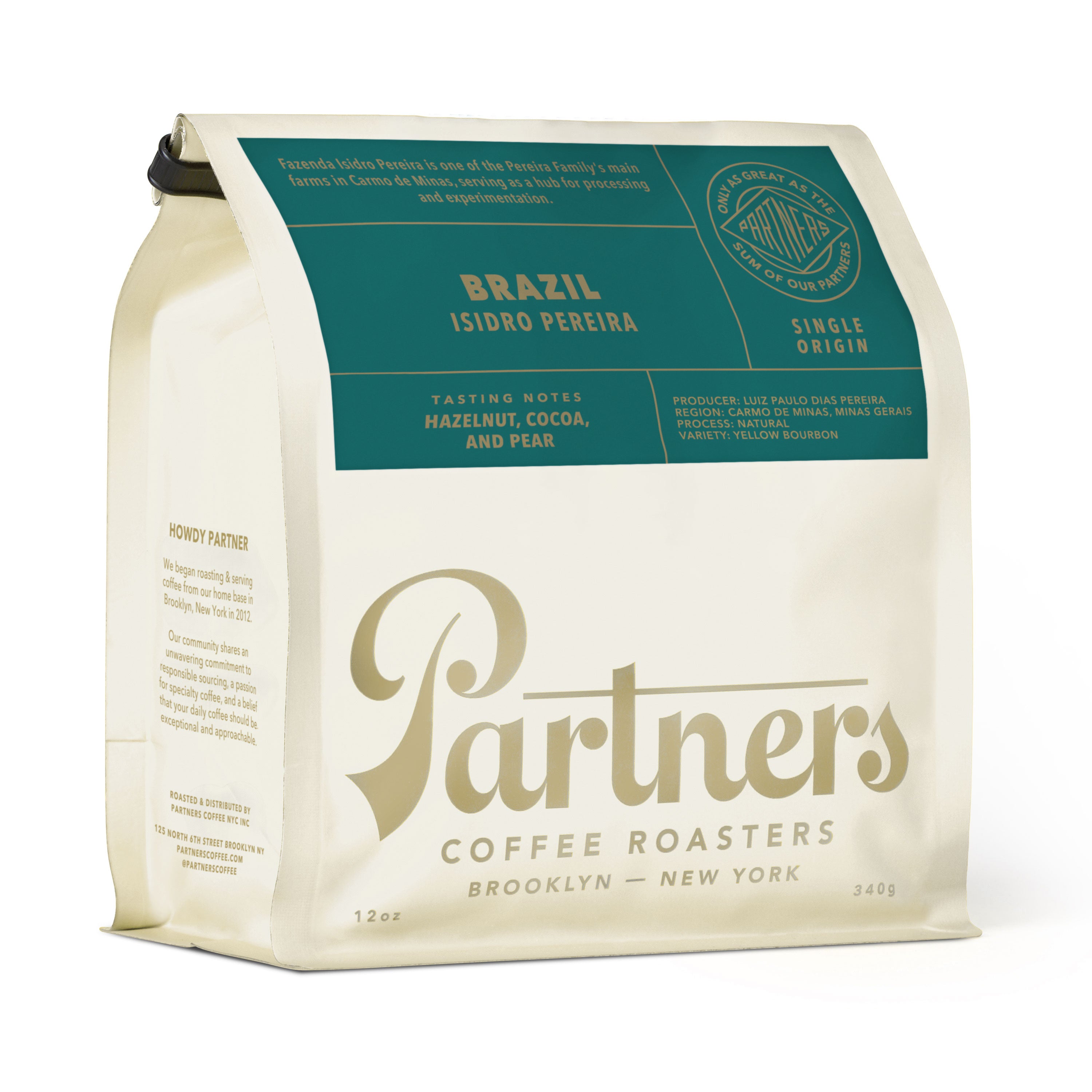 Angled view of Brazil Isidro Pereira coffee bag showcasing its teal tasting-notes label on a white background