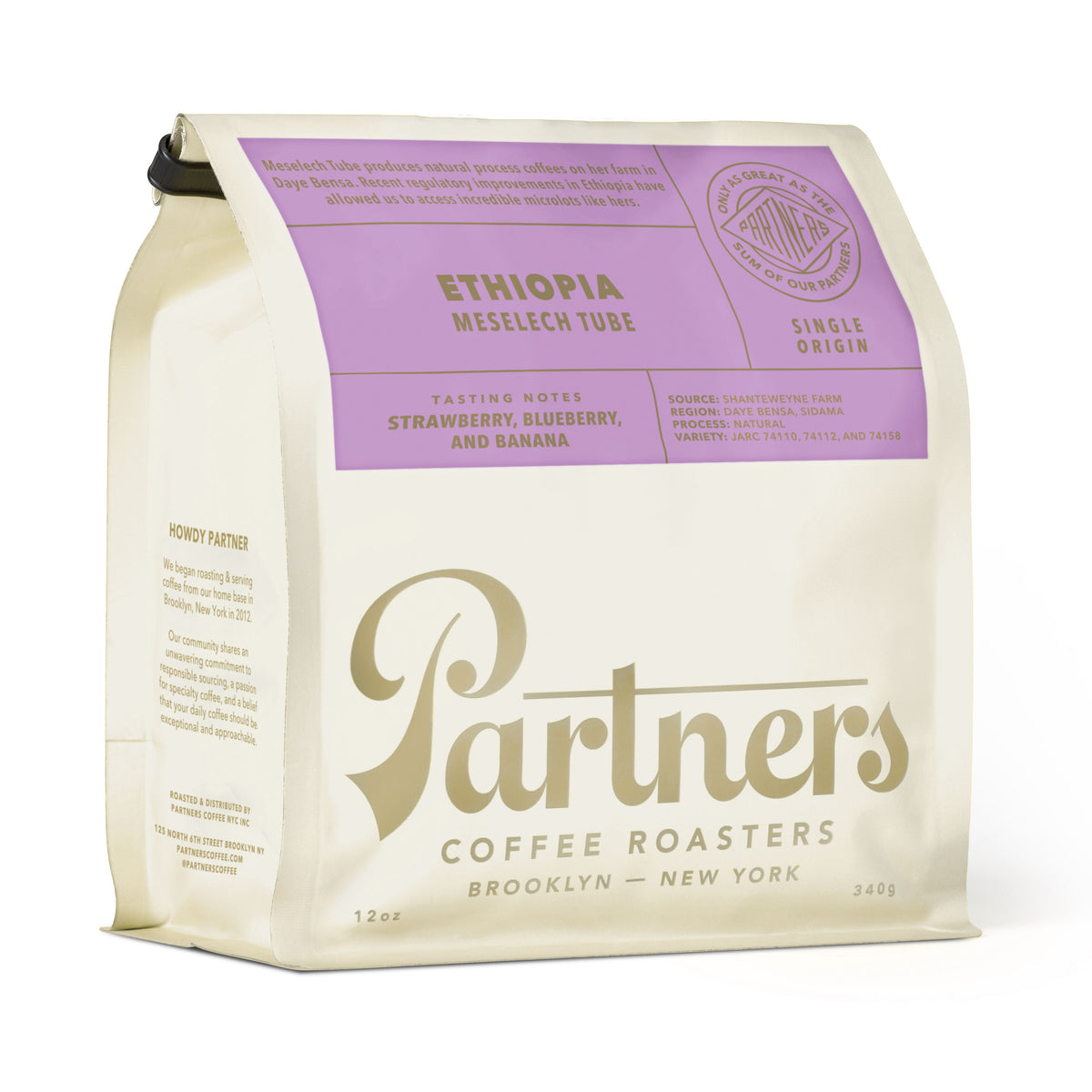 Angled view of Ethiopia Meselech Tube coffee bag showcasing strawberry, blueberry, and banana tasting notes on a white background