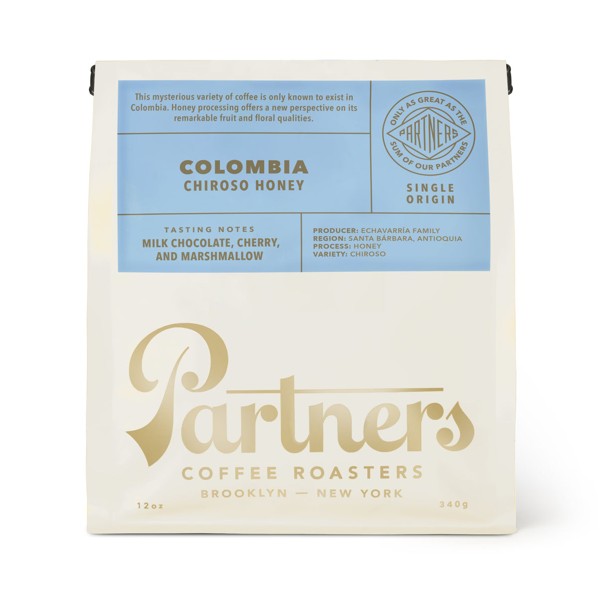 Front view of Colombia Chiroso Honey coffee bag showcasing tasting notes and single-origin label against a white background