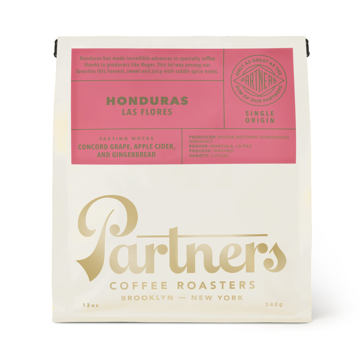 Front view of Honduras Las Flores coffee bag showcasing pink label, tasting notes, and washed process on a white background
