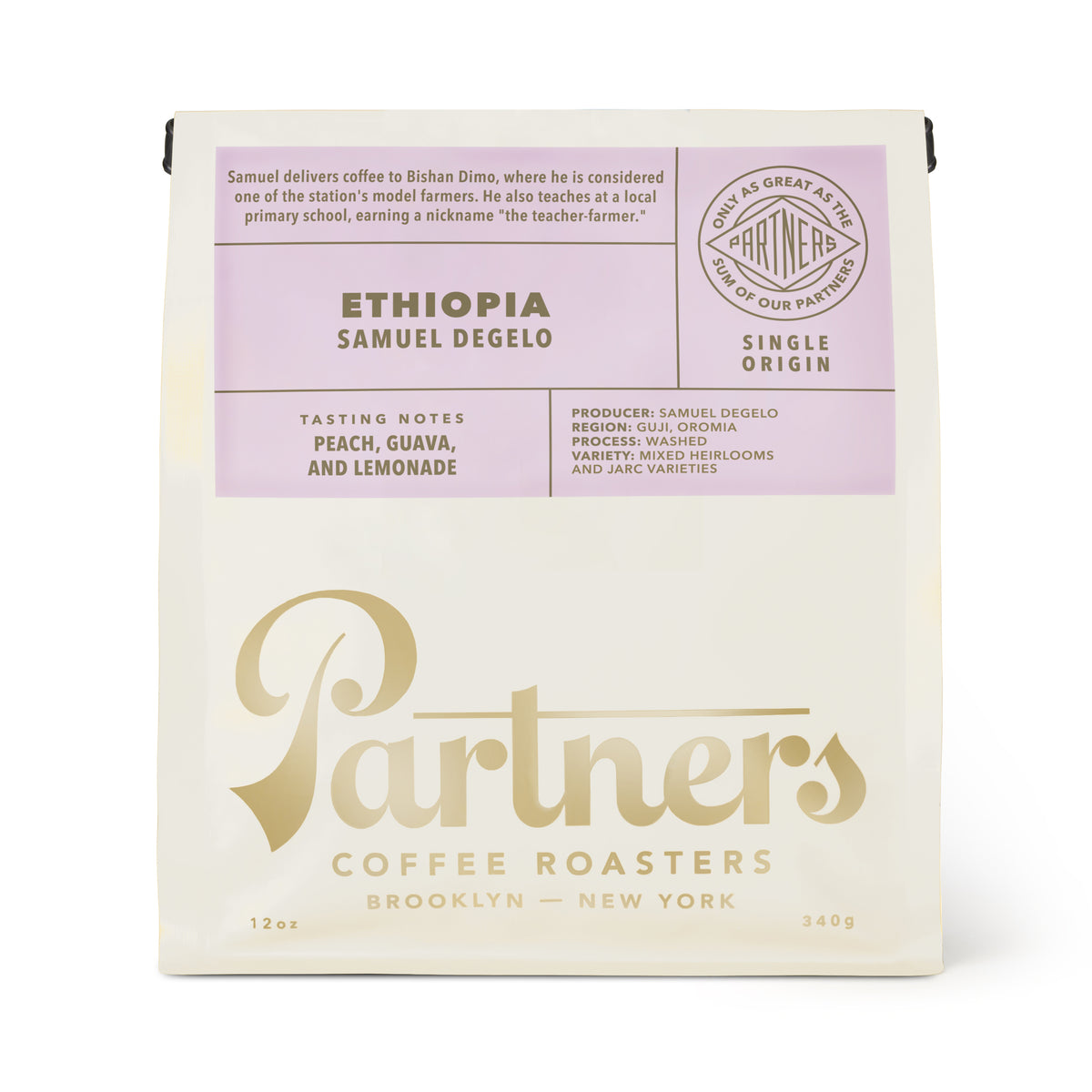 Front view of Ethiopia Samuel Degelo coffee bag showcasing peach, guava, and lemonade tasting notes on a white background