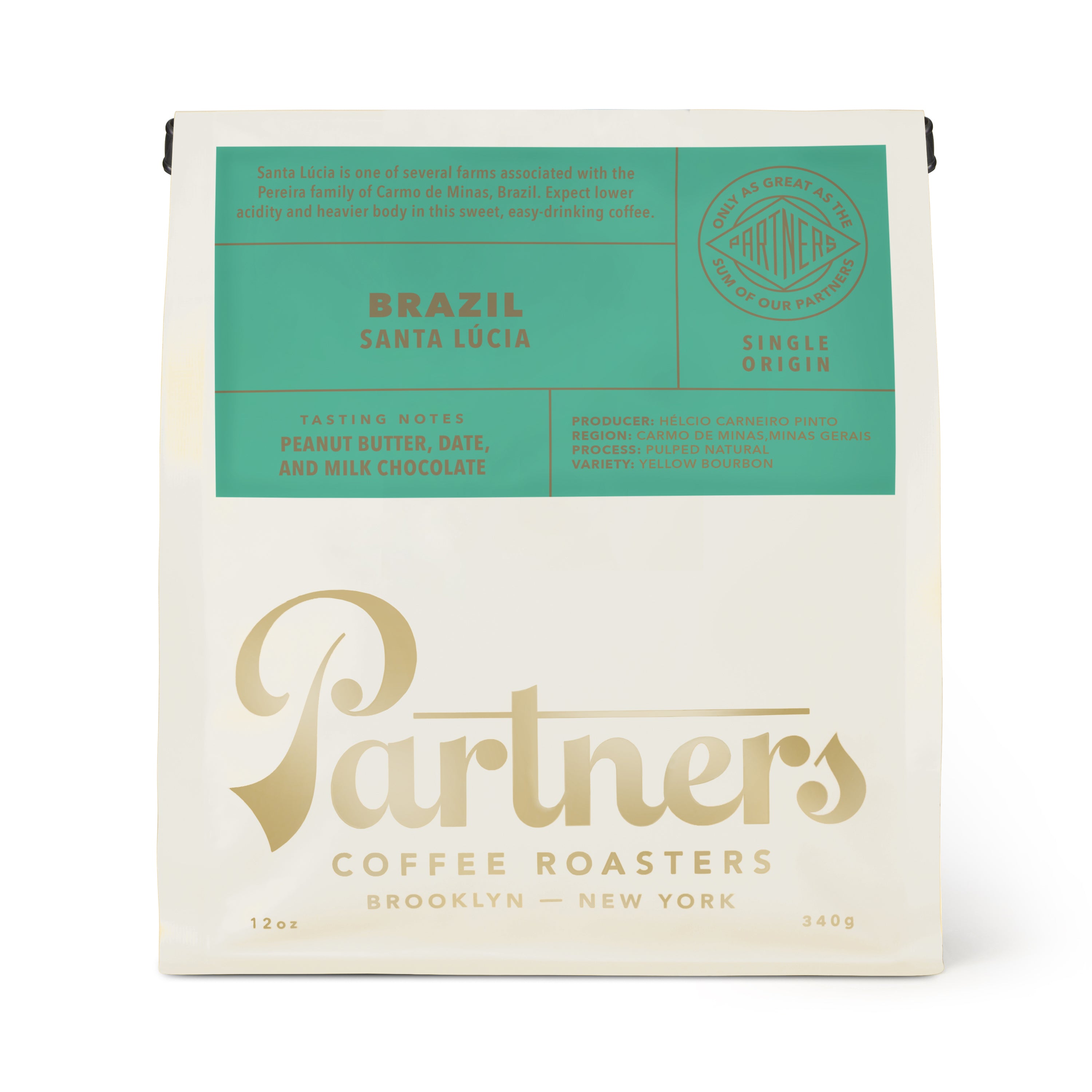Front view of Brazil Santa Lúcia coffee bag showcasing teal label and Partners Coffee Roasters logo on white background