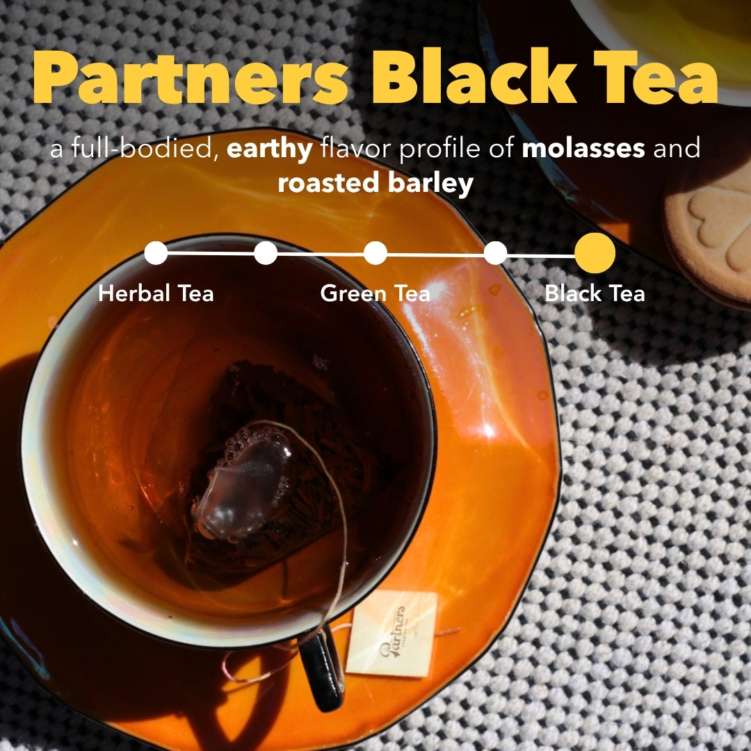 Overhead view of Partners Black Tea in a cup with a sachet and orange saucer, showing earthy molasses and roasted barley notes