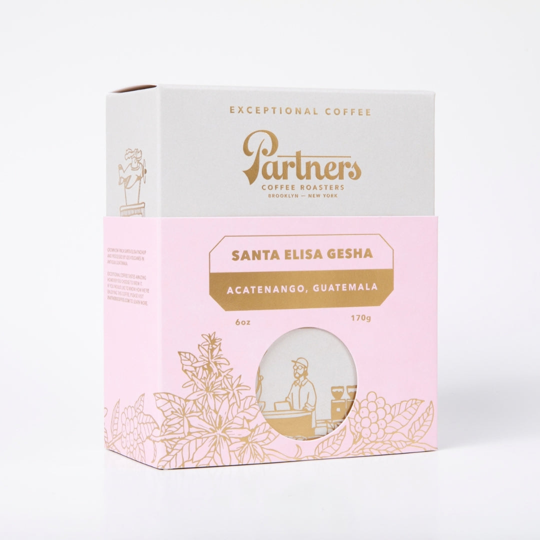 Front view of Santa Elisa Gesha coffee box showcasing Acatenango Guatemala origin and 6oz 170g size on white background
