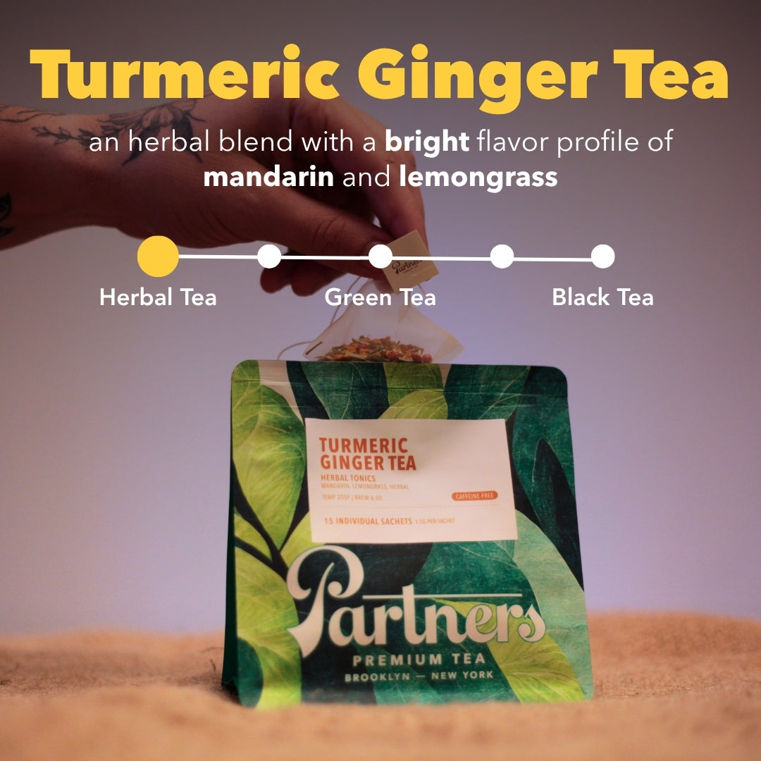 Infographic showing Turmeric Ginger Tea as an herbal blend with bright mandarin and lemongrass flavors