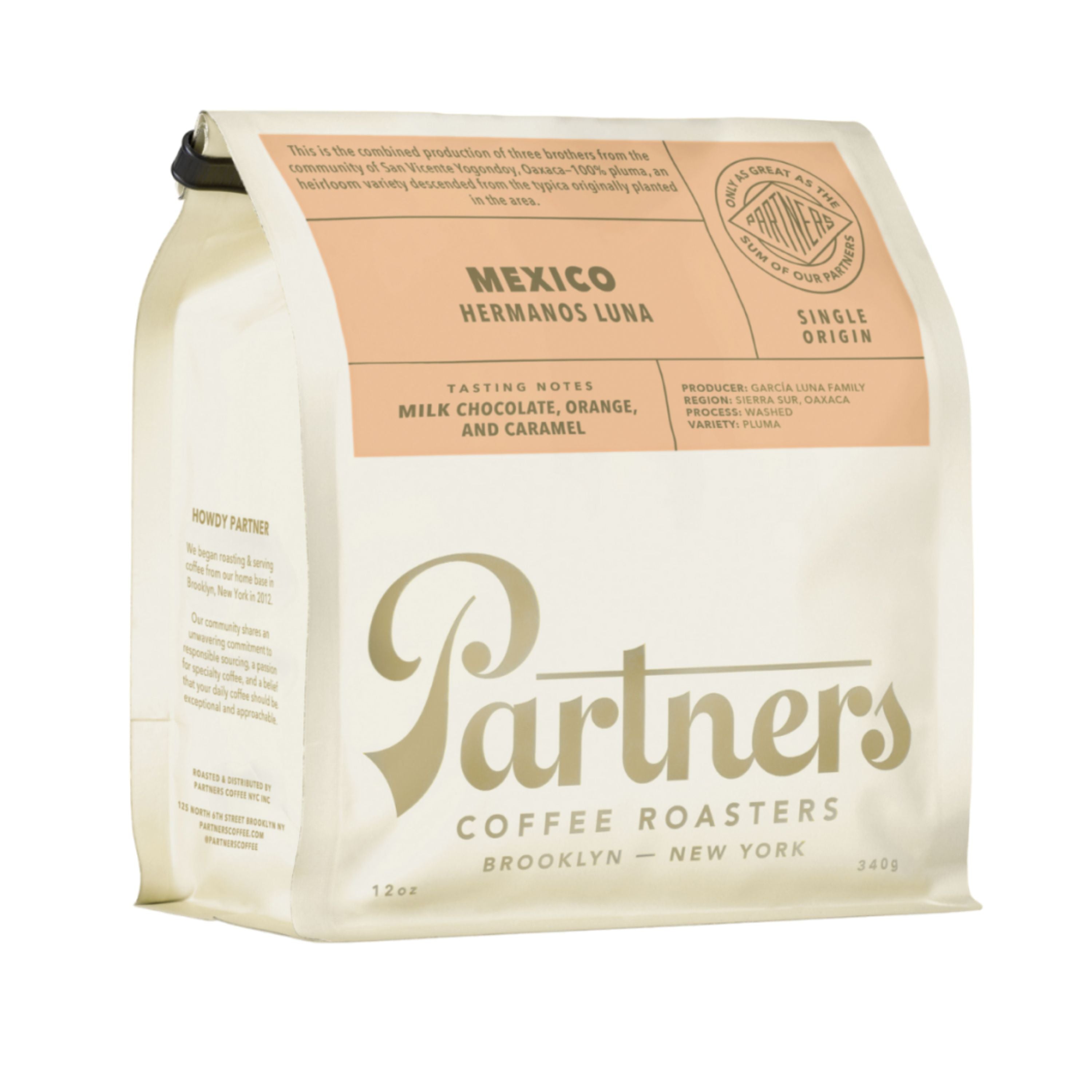 Front view of Mexico Hermanos Luna coffee bag with milk chocolate, orange, and caramel tasting notes on white