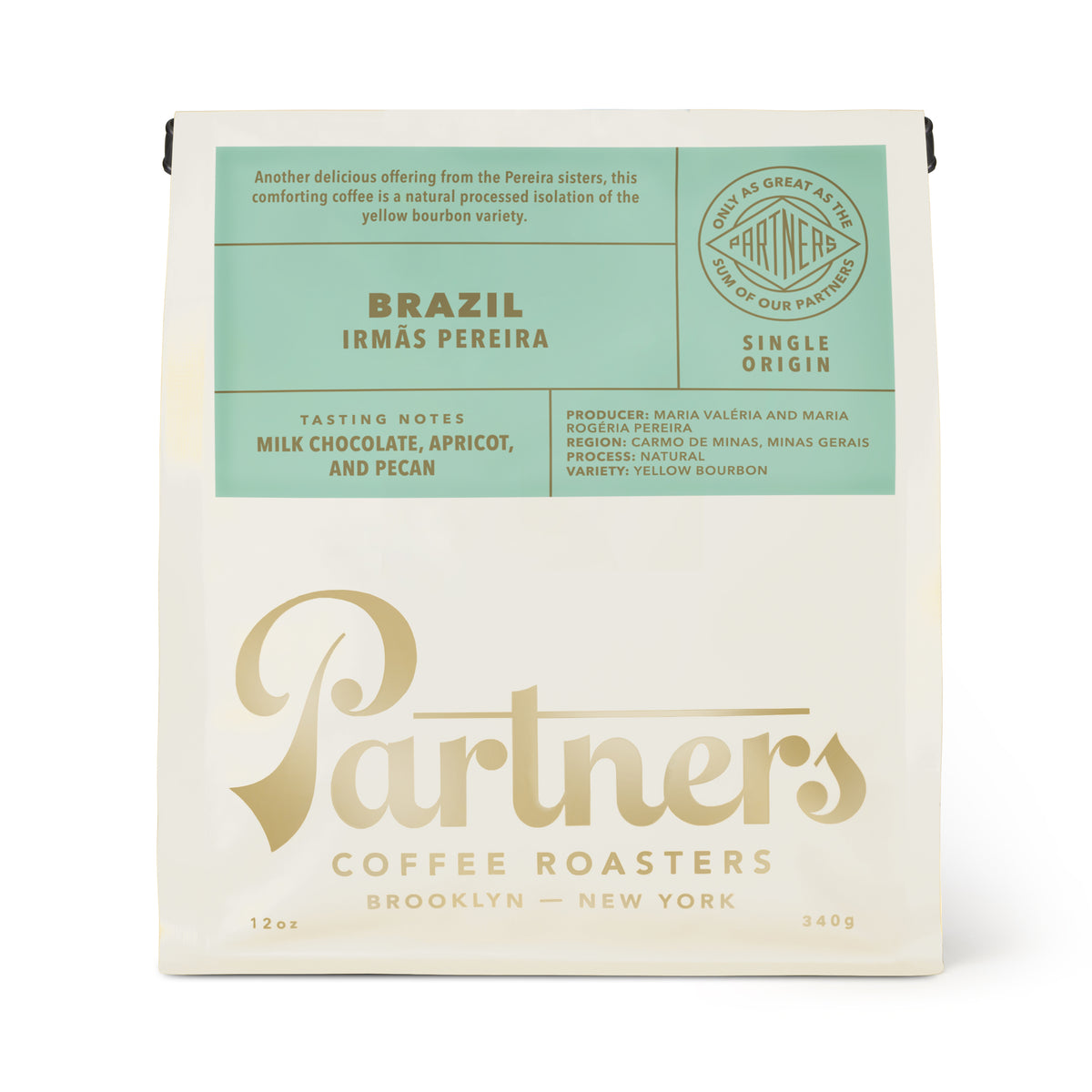 Front view of Brazil Irmãs Pereira coffee bag showing milk chocolate, apricot, and pecan tasting notes against a white background
