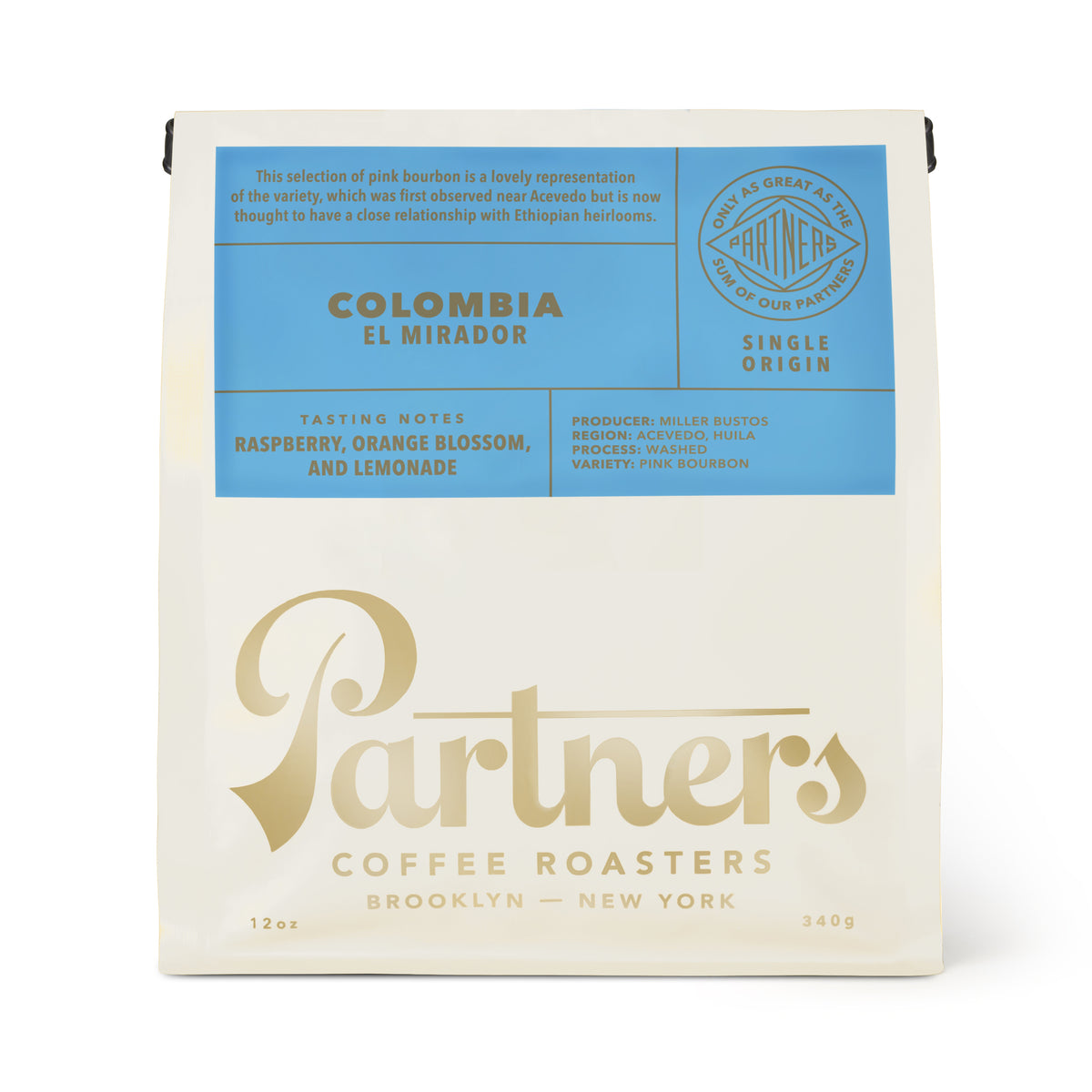 Front view of 12oz Colombia El Mirador coffee bag showcasing raspberry, orange blossom, and lemonade on a white background
