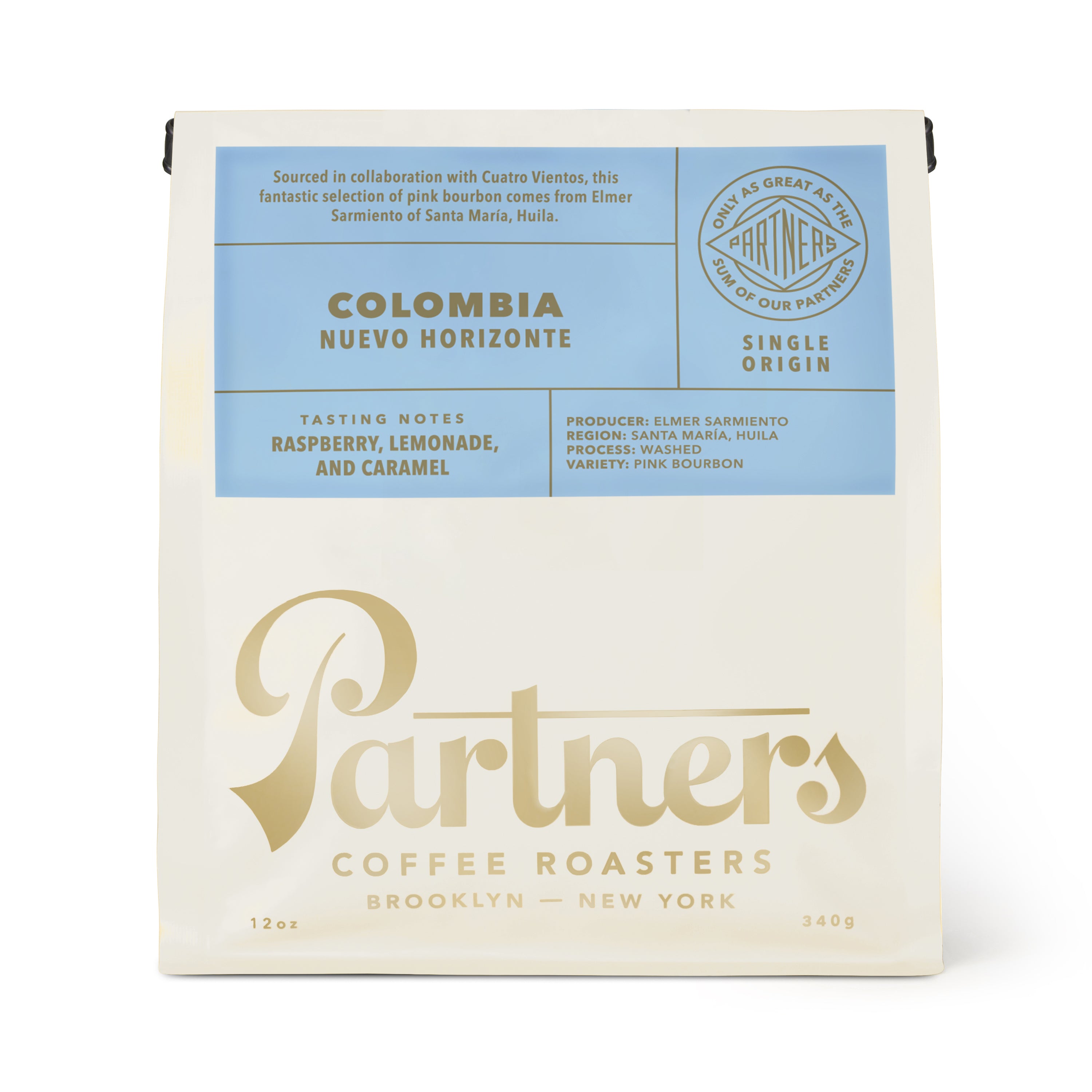 Front view of 12 ounce Colombia Nuevo Horizonte coffee bag with raspberry, brown sugar, lemonade, and caramel tasting notes
