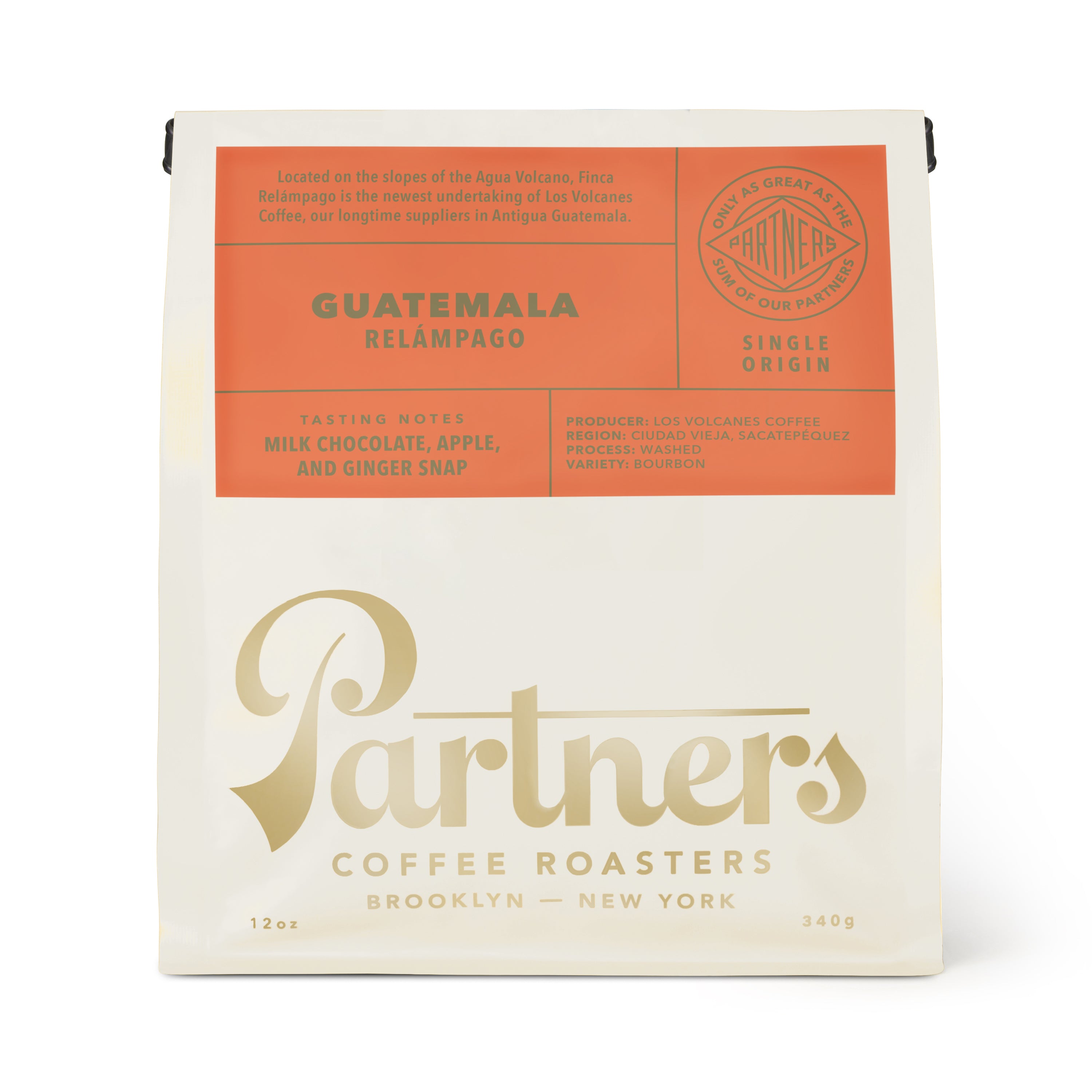 Front view of 12-ounce Guatemala Relámpago coffee bag with milk chocolate, apple, and ginger snap tasting notes on white