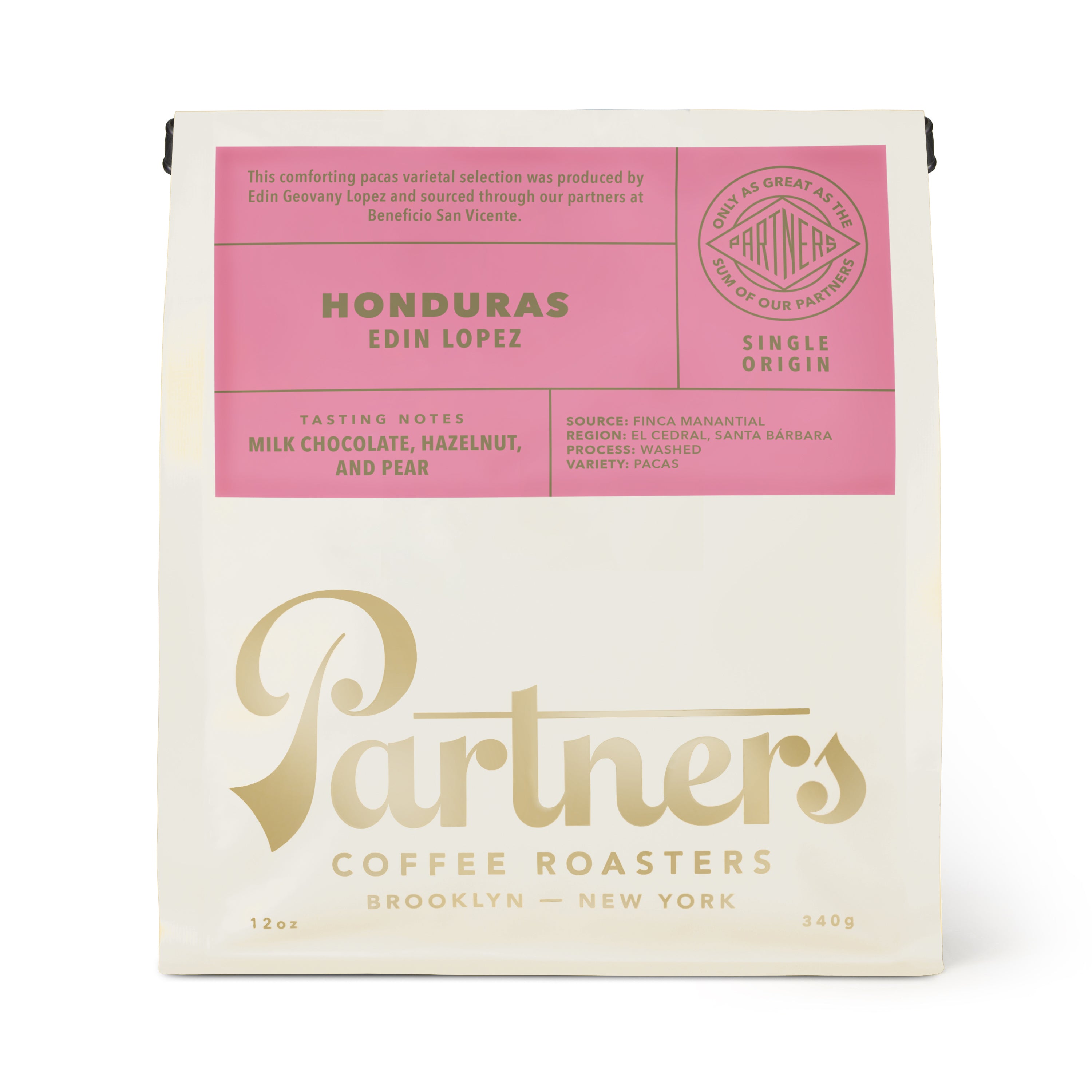 Front view of 12 ounce Honduras Edin Lopez coffee bag showcasing a pink single origin label and tasting notes on a white background