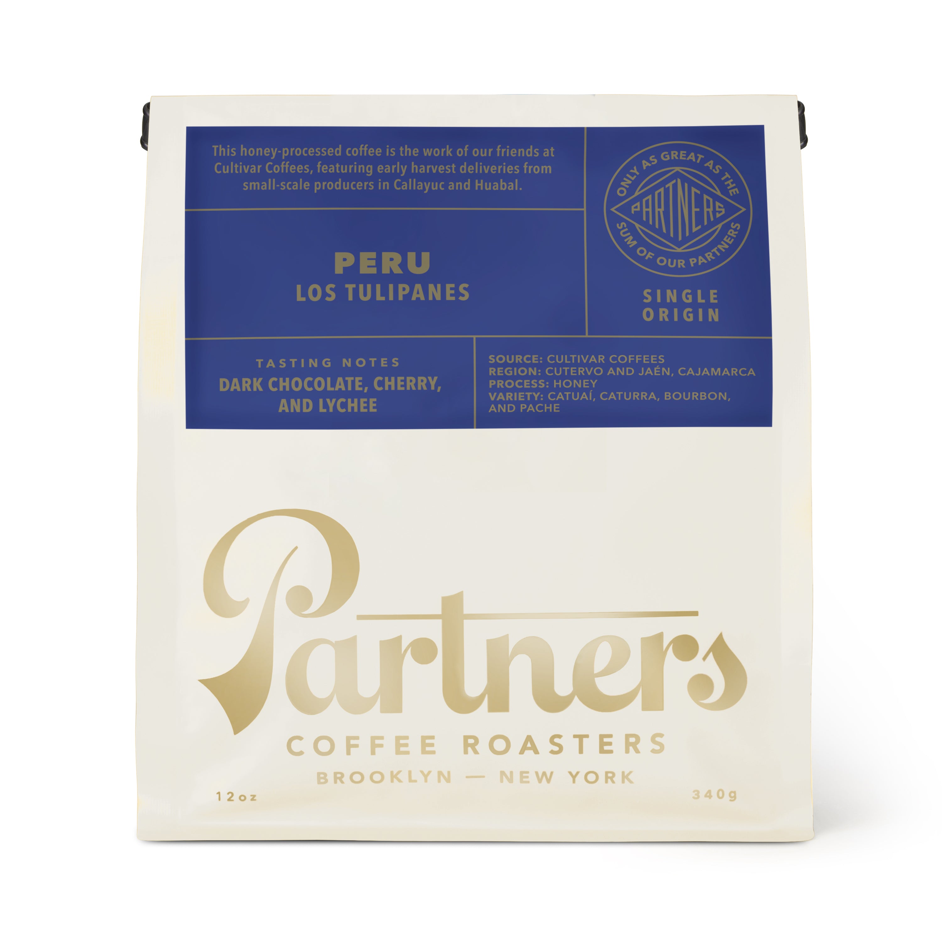 Front view of Peru Los Tulipanes coffee bag showcasing honey process and dark chocolate, cherry, and lychee notes