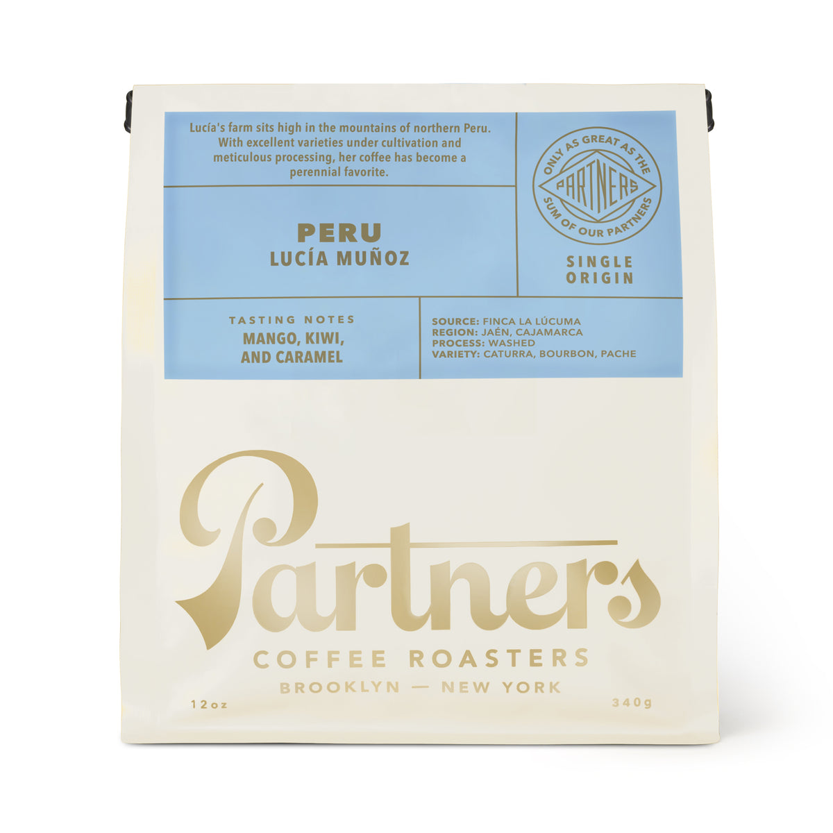 Front view of 12 oz Peru Lucía Muñoz single-origin coffee bag with blue label, tasting notes mango, kiwi and caramel on white