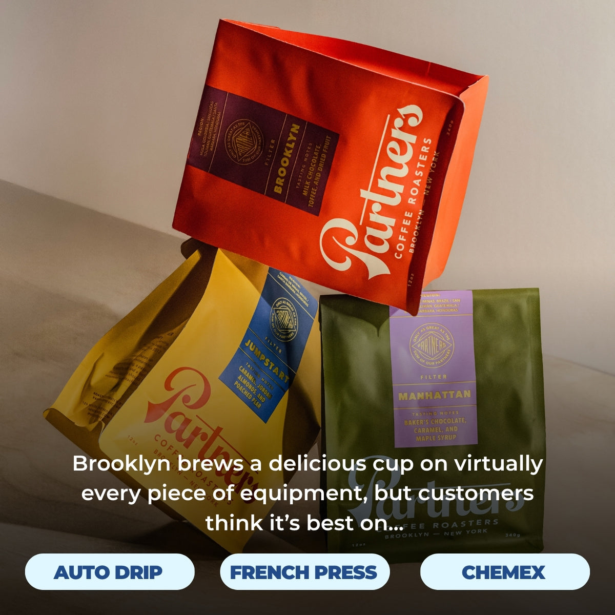 Promotional banner showing three Partners Coffee bags and headline ‘Brooklyn brews a delicious cup’