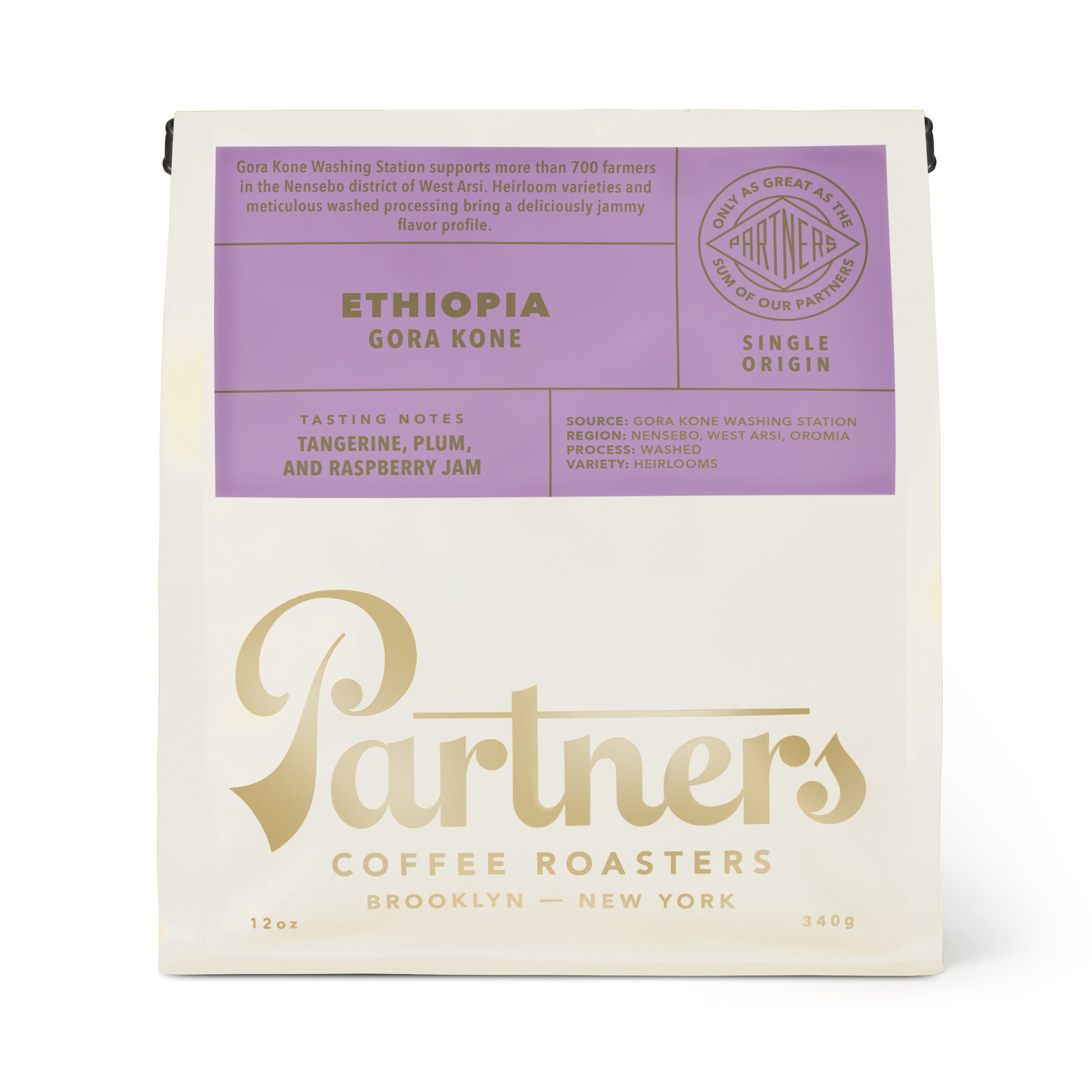 Front view of Ethiopia Gora Kone coffee bag showcasing tangerine, plum, and raspberry jam tasting notes on a white background