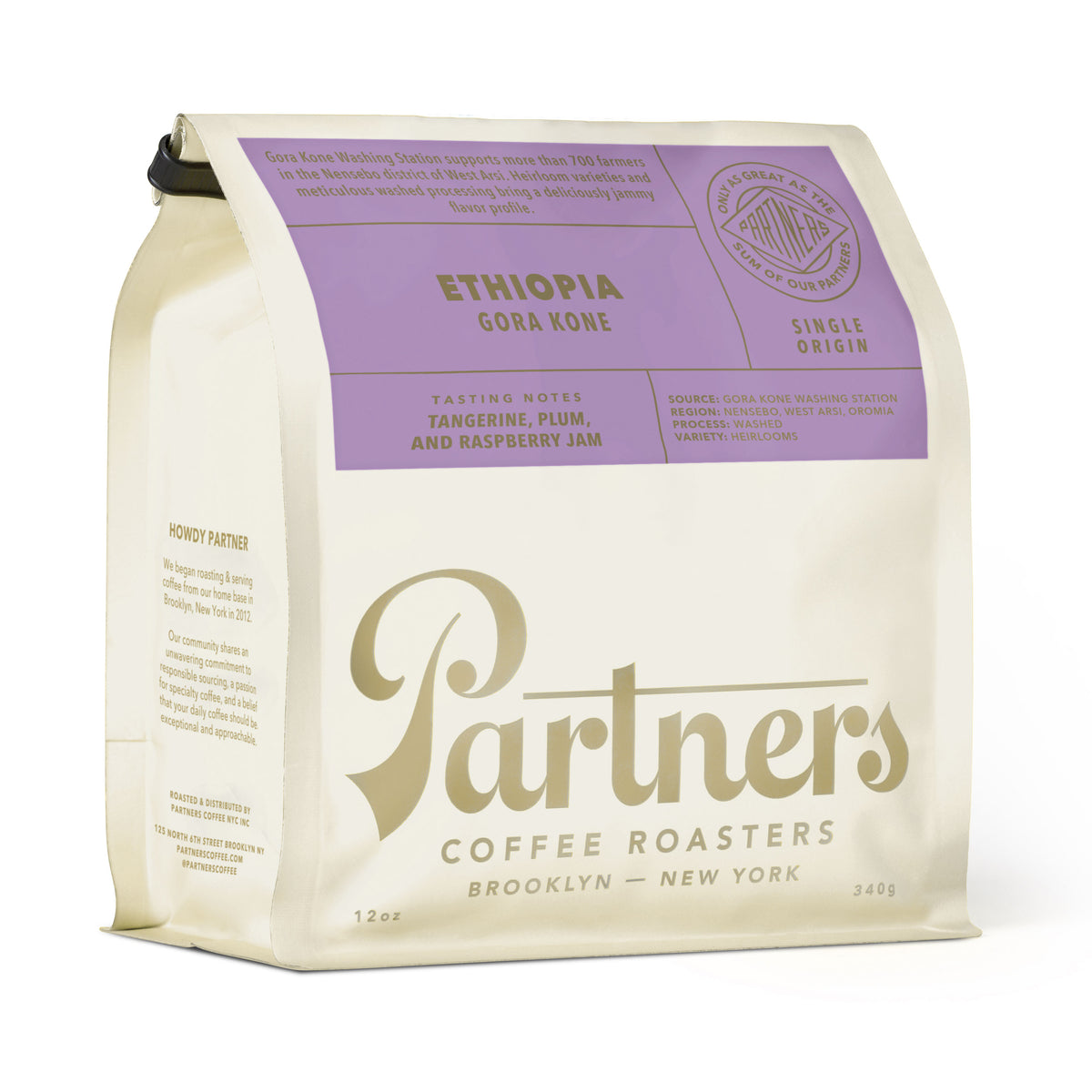 Angled view of Ethiopia Gora Kone coffee bag showcasing the Partners Coffee label on a white background