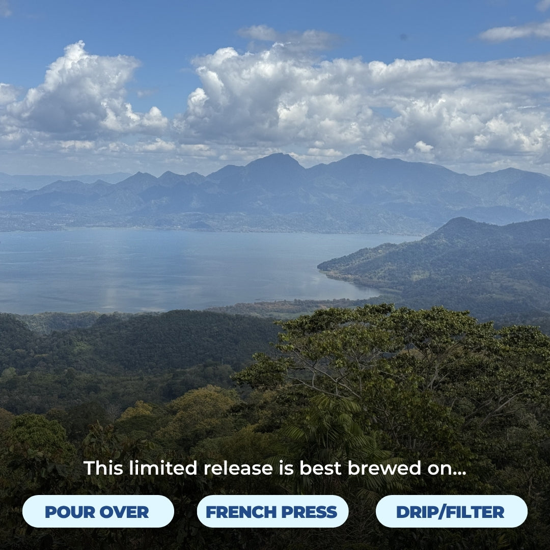 Mountain and lake landscape with text: This limited release is best brewed on Pour Over, French Press, Drip Filter