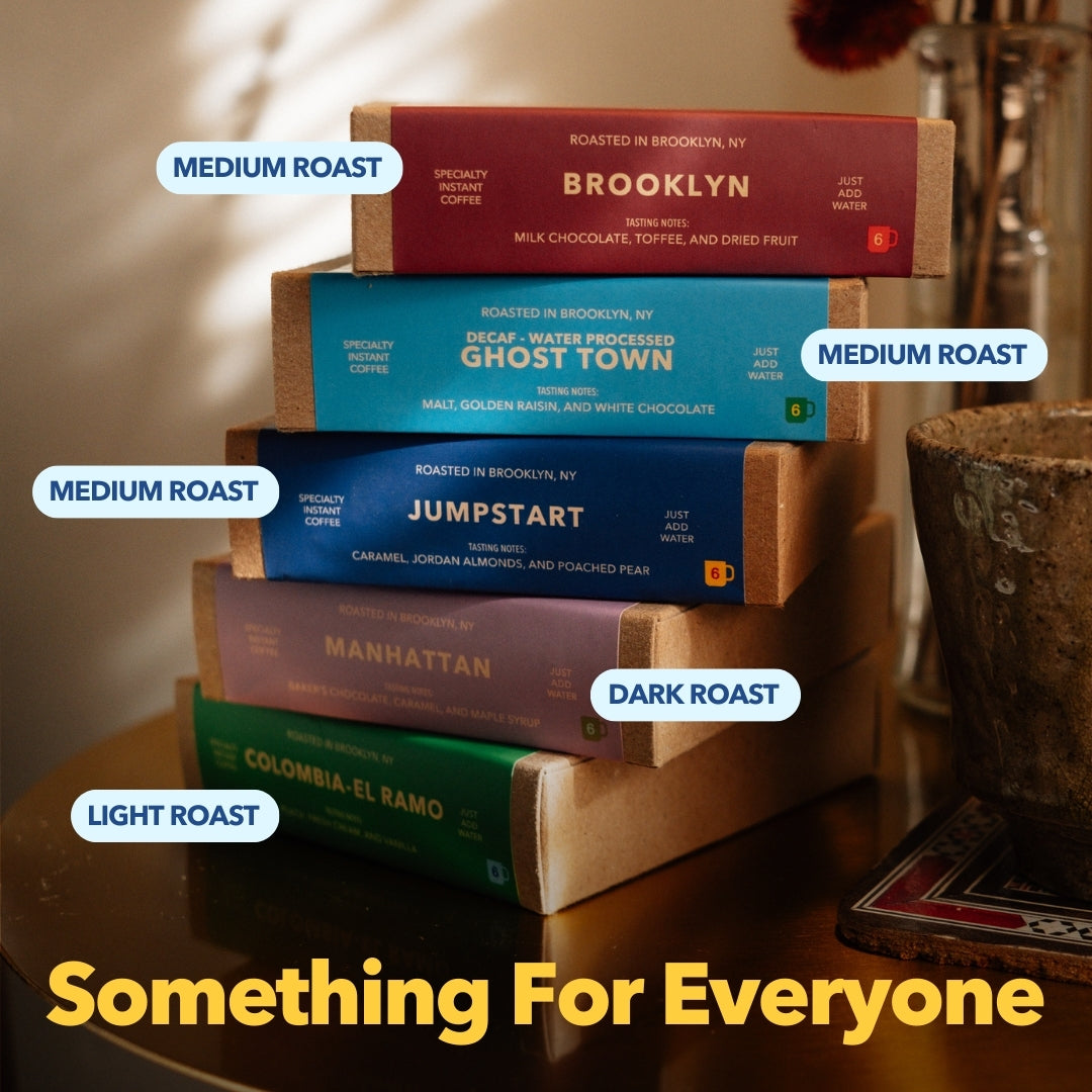Stacked Partners Coffee instant boxes labeled Light, Medium, Dark Roast with headline Something For Everyone