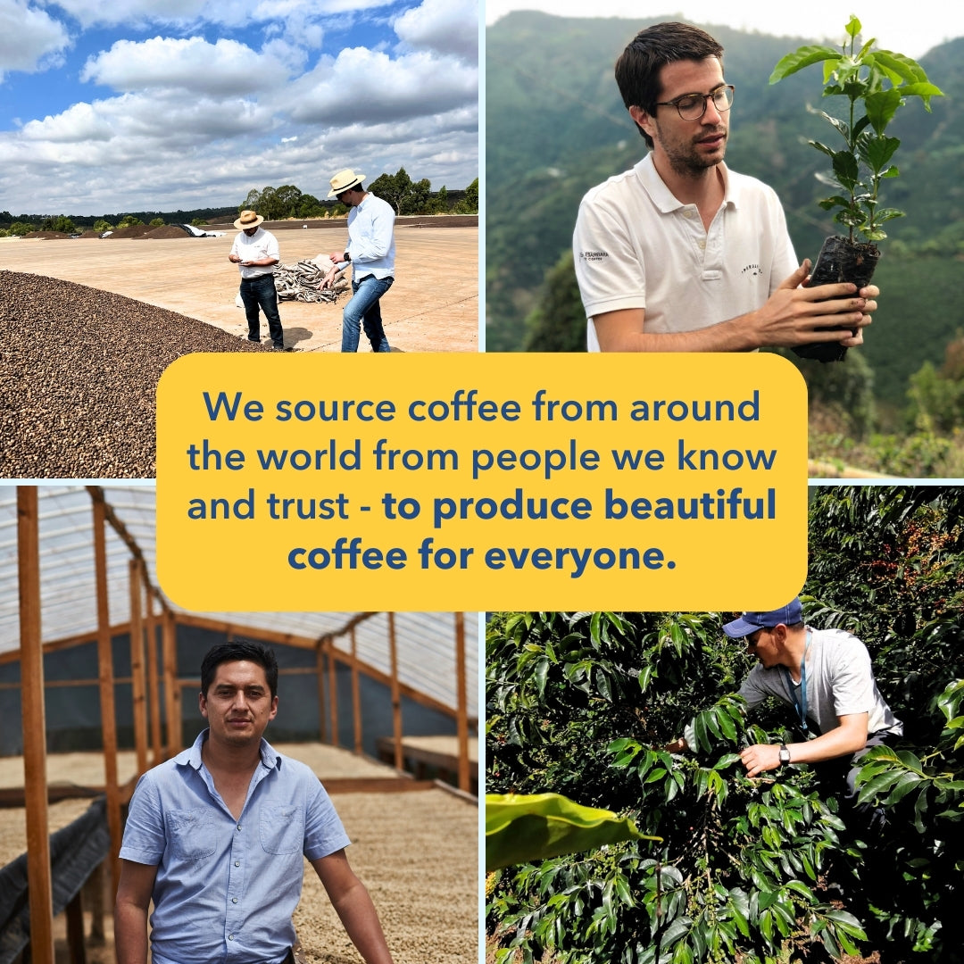 Collage showing We source coffee worldwide from people we know and trust to produce beautiful coffee for everyone