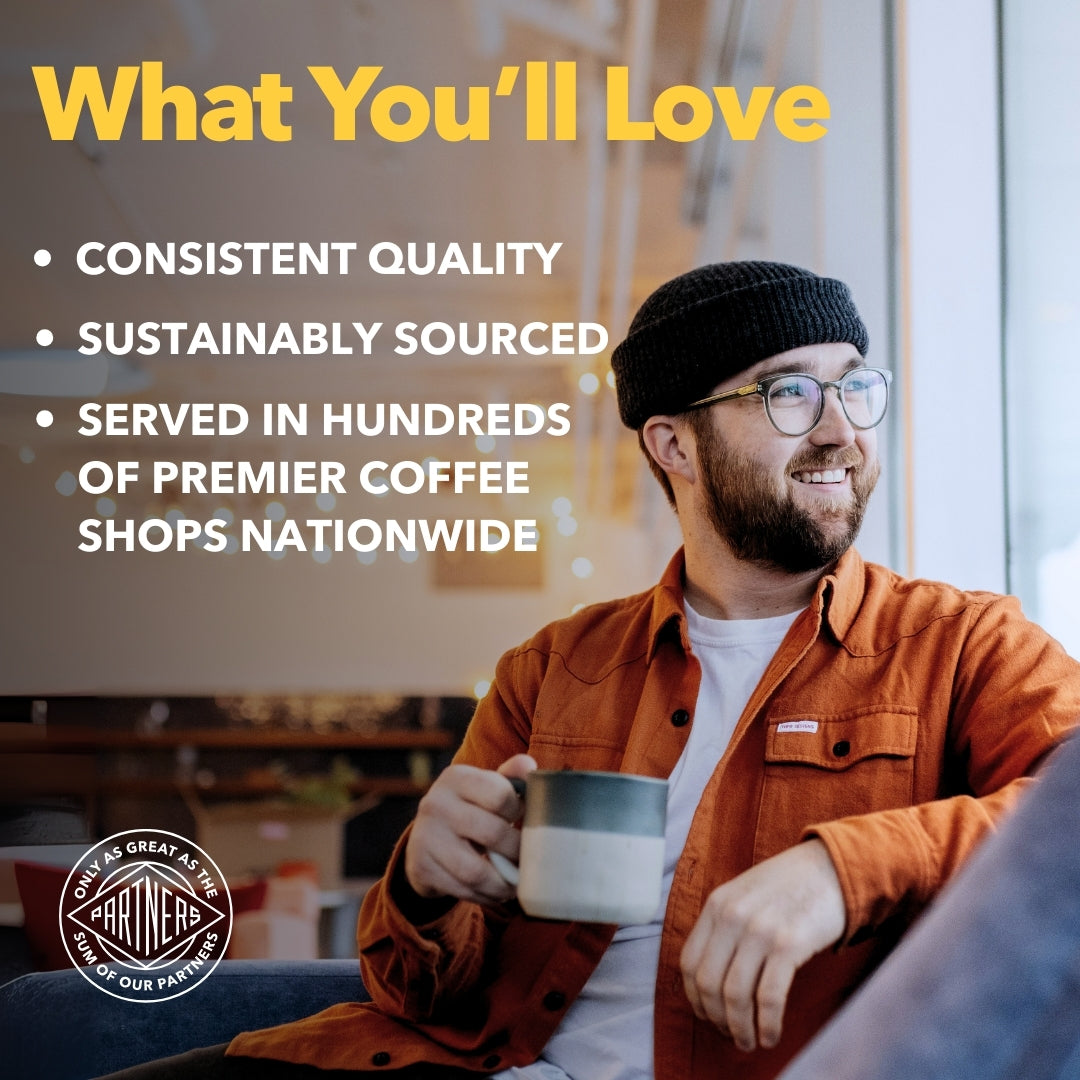 Smiling man holding a mug in a cafe; overlay headline “What You’ll Love” with bullets noting consistent quality and sustainably sourced coffee