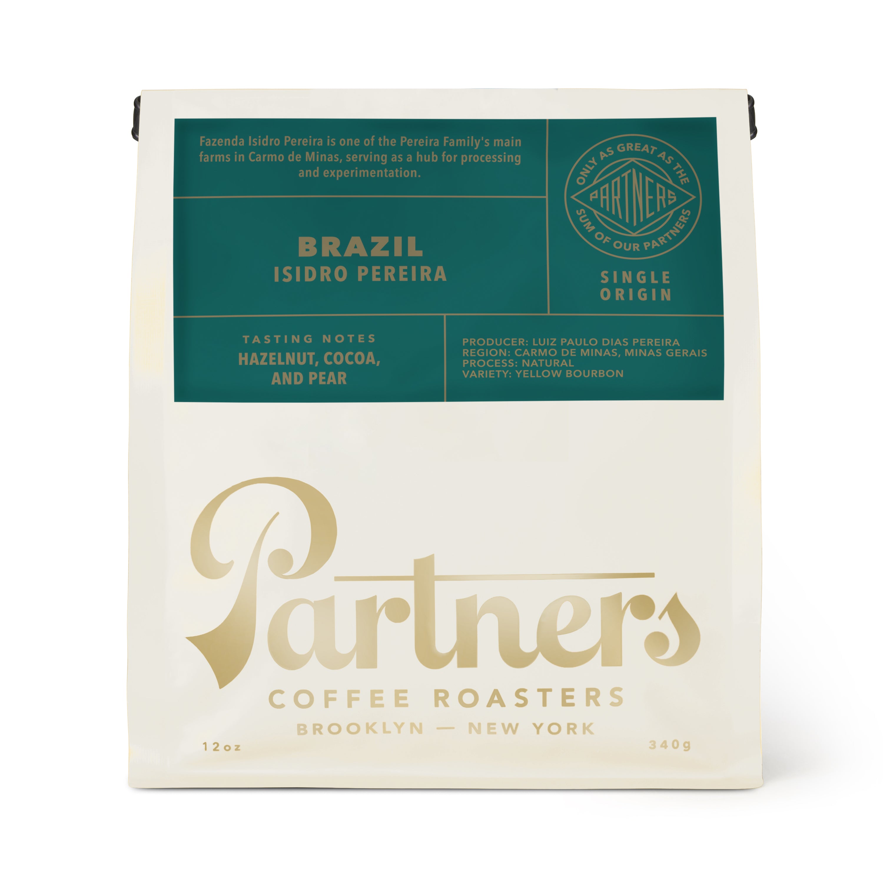 Front view of Brazil Isidro Pereira coffee bag showcasing its teal label and Partners Coffee branding on a white background