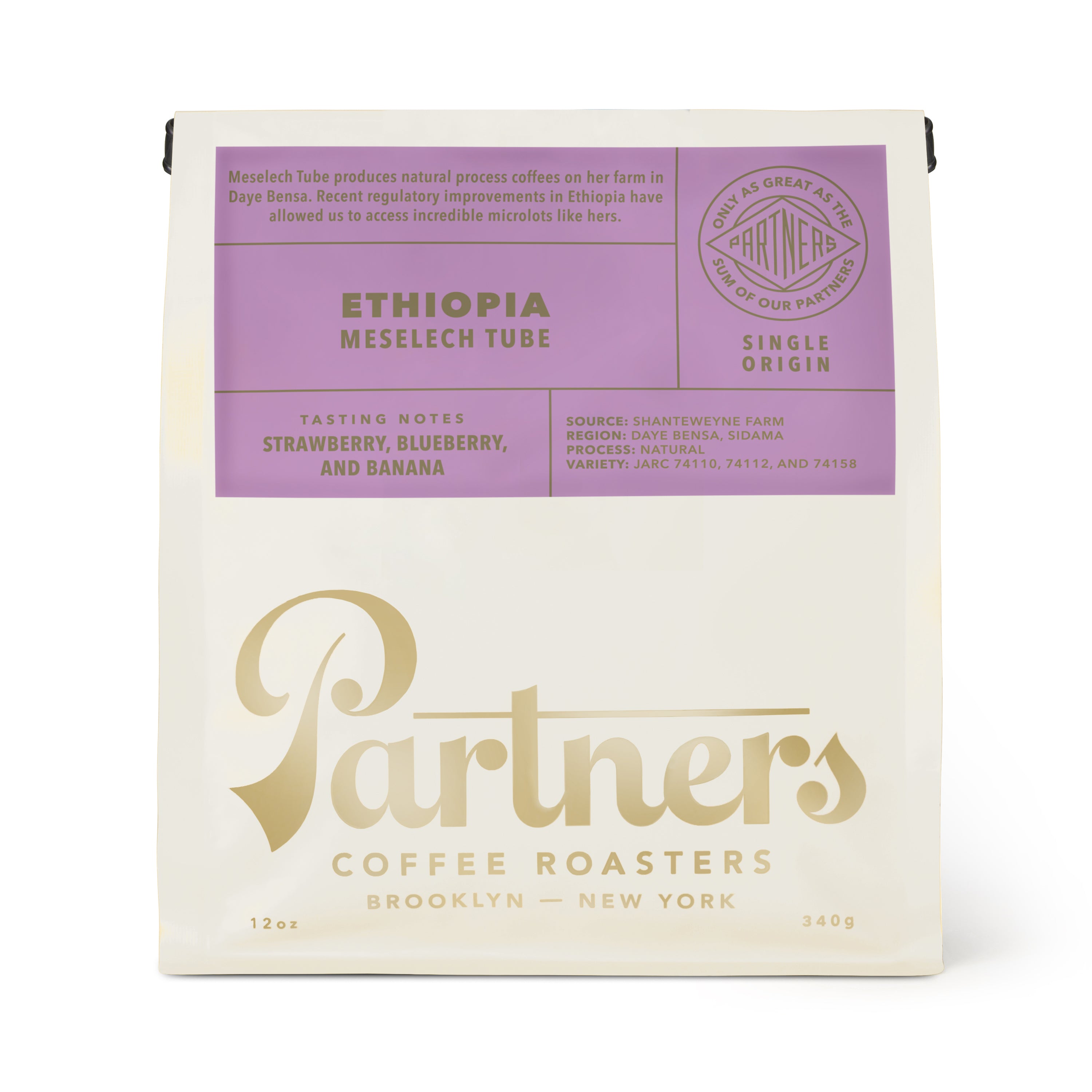 Front view of Ethiopia Meselech Tube coffee bag showcasing strawberry, blueberry, and banana tasting notes against a white background