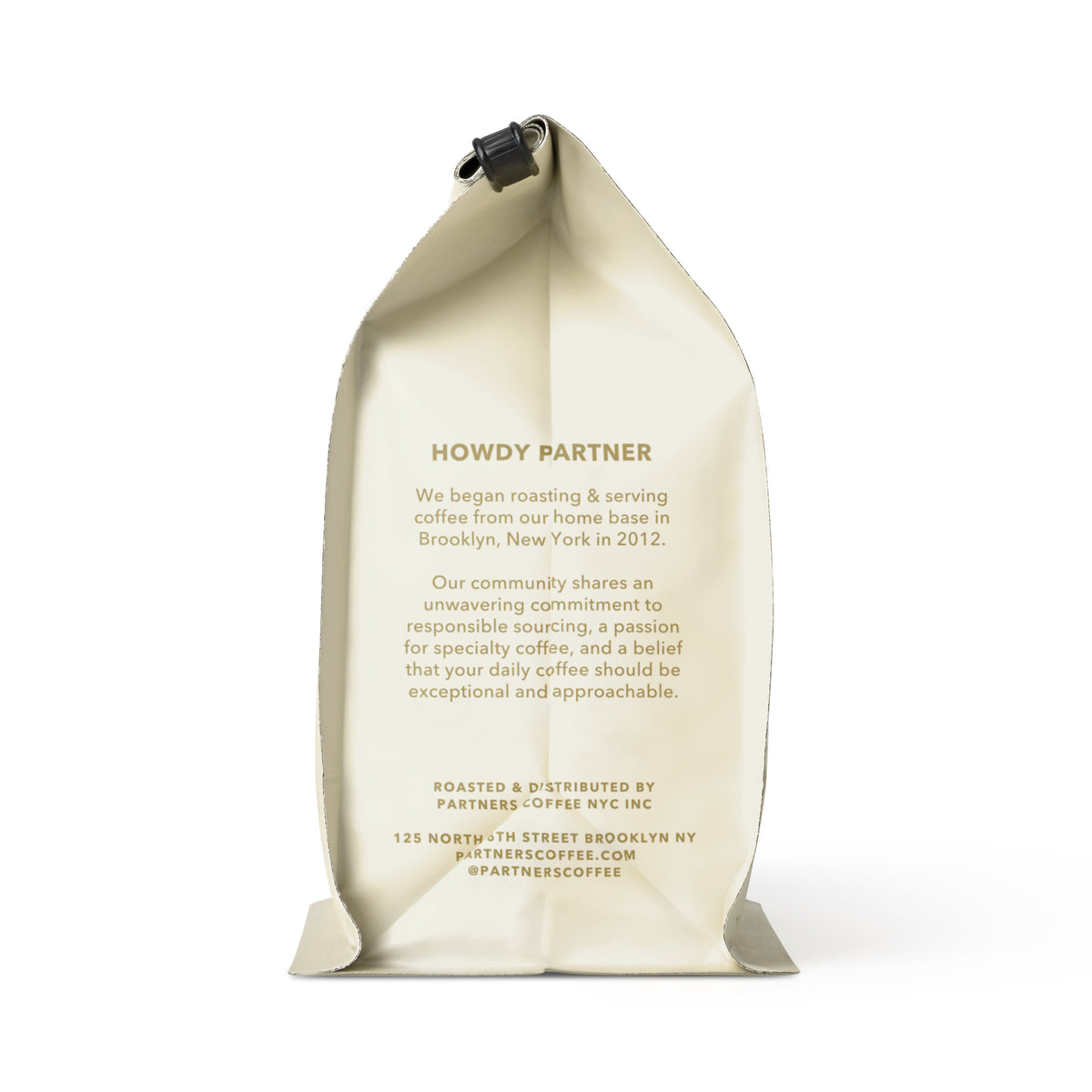 Back view of Colombia Vladimir Calambás coffee bag showcasing Partners Coffee branding with a cream-colored package on a white background