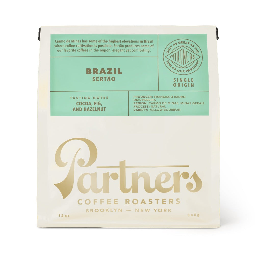 Front view of Brazil Sertão coffee bag showcasing cocoa, fig, and hazelnut tasting notes on a white background