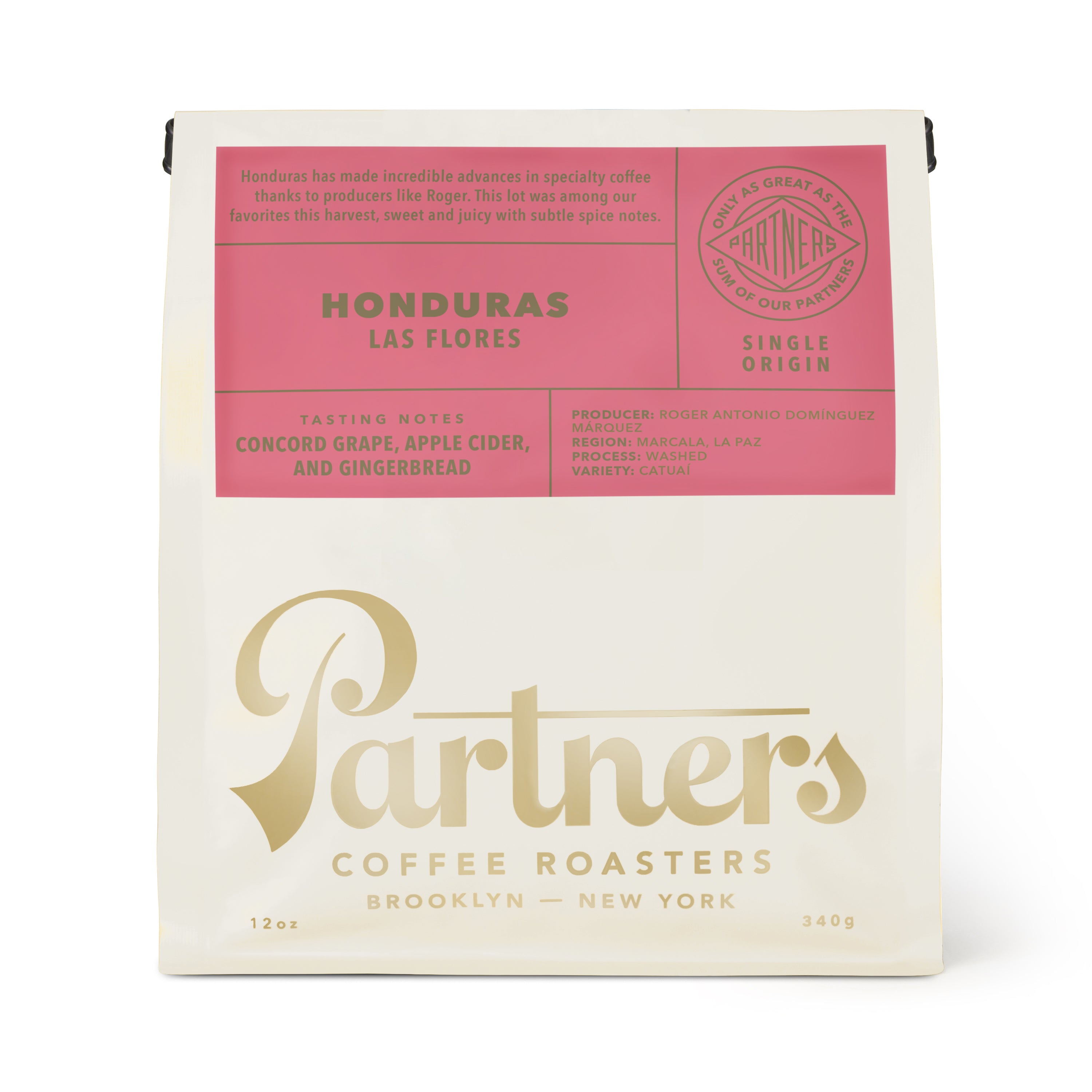 Front view of Honduras Las Flores coffee bag showcasing pink label, tasting notes, and washed process on a white background