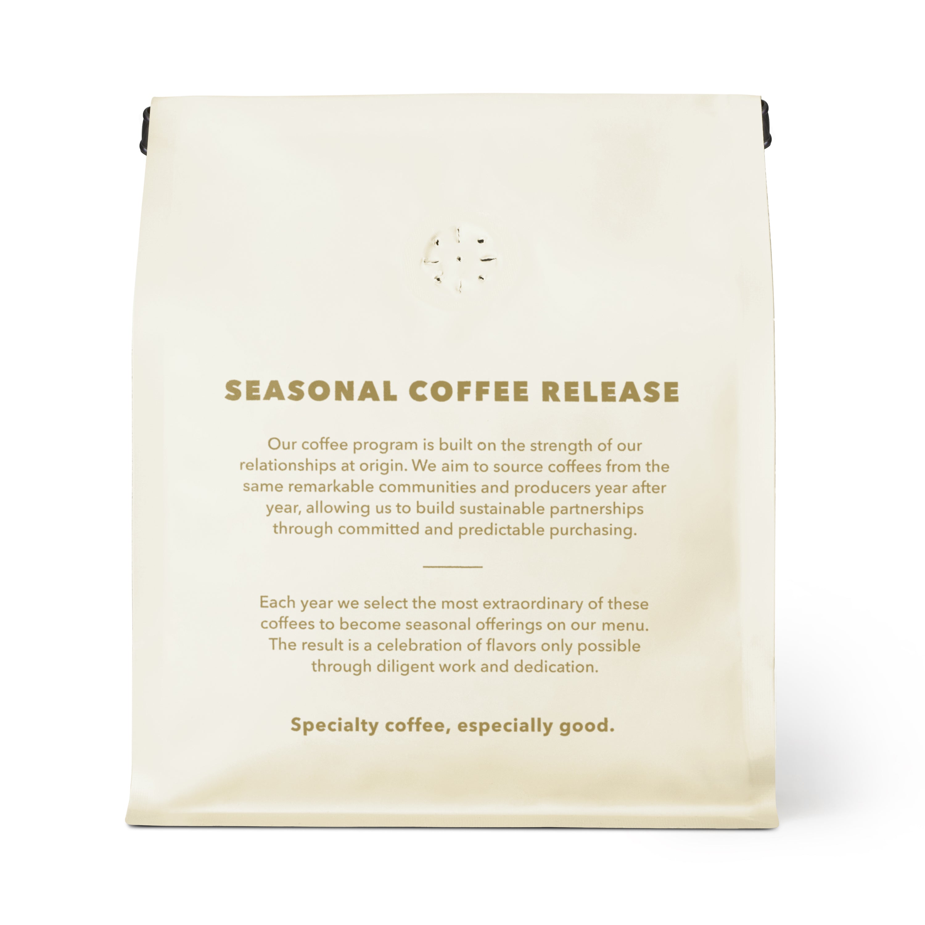 Back view of Colombia Vladimir Calambás coffee bag showcasing Seasonal Coffee Release text on a white background