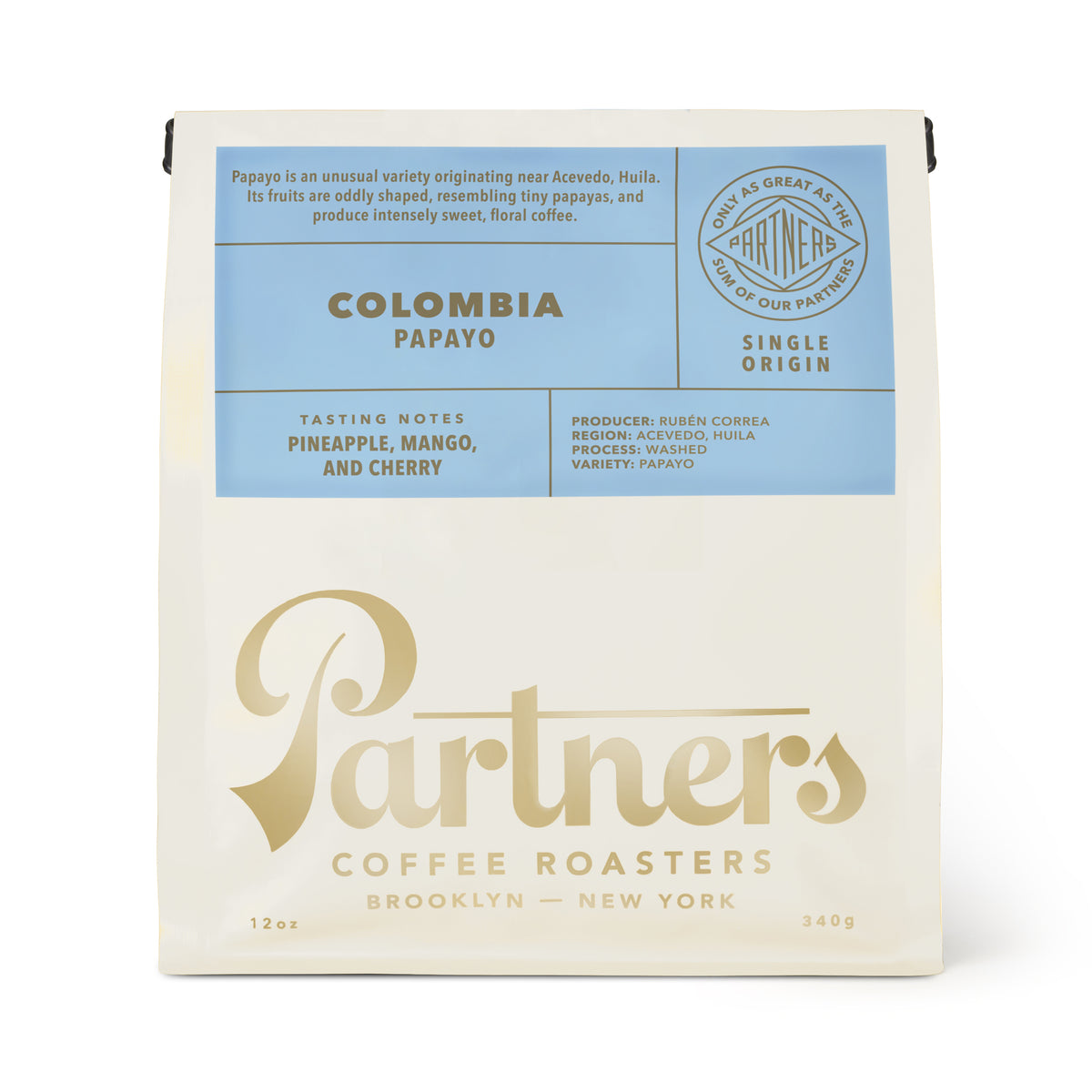 Front view of Colombia Papayo coffee bag showcasing pineapple, mango, and cherry tasting notes, 12 oz and 340 g
