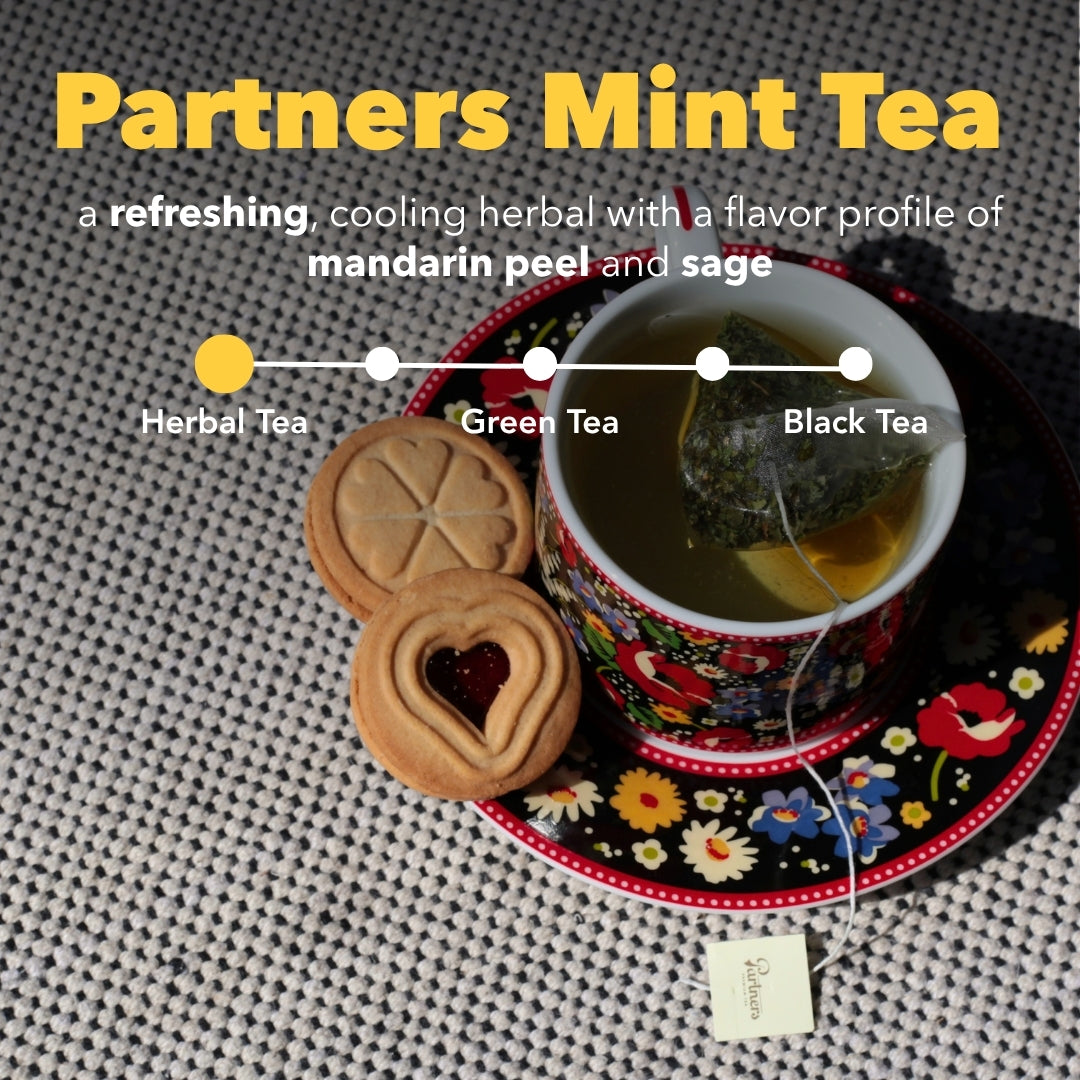 Overhead view of Partners Mint Tea with mandarin peel and sage, served in a floral teacup beside cookies
