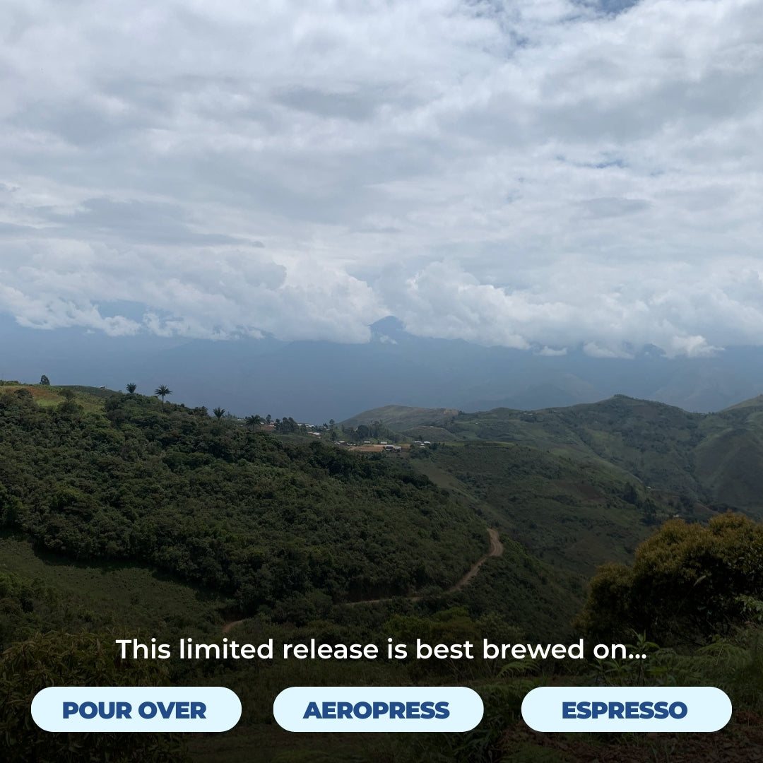Peruvian mountain landscape with text recommending pour over, AeroPress, and espresso brewing