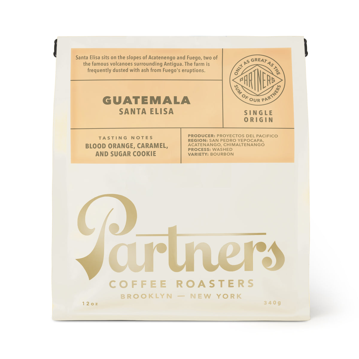 Front view of Guatemala Santa Elisa coffee bag, 12 oz and 340 g, showcasing blood orange, caramel, and sugar cookie notes