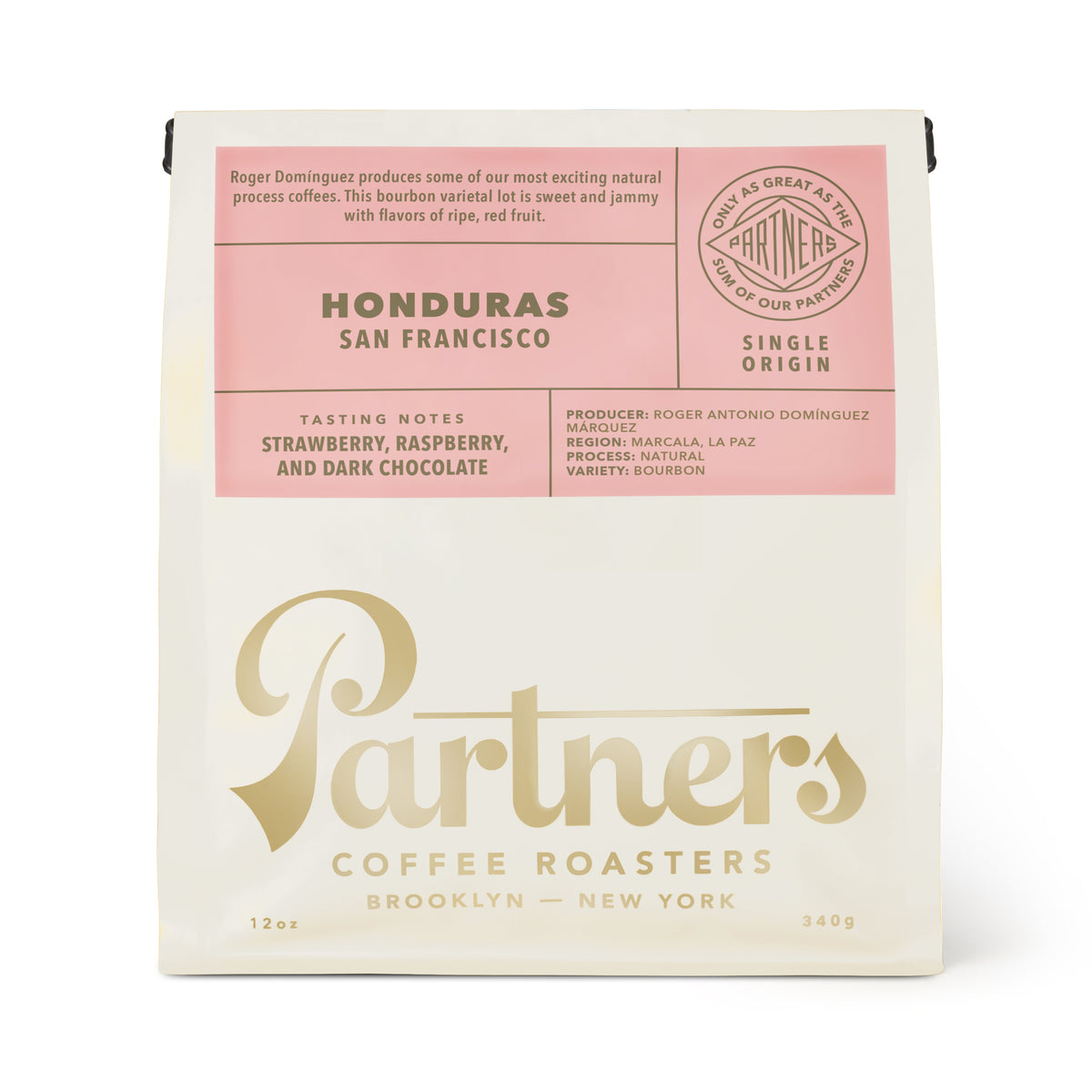 Front view of Honduras San Francisco coffee bag showcasing pink label and Partners Coffee branding on white background