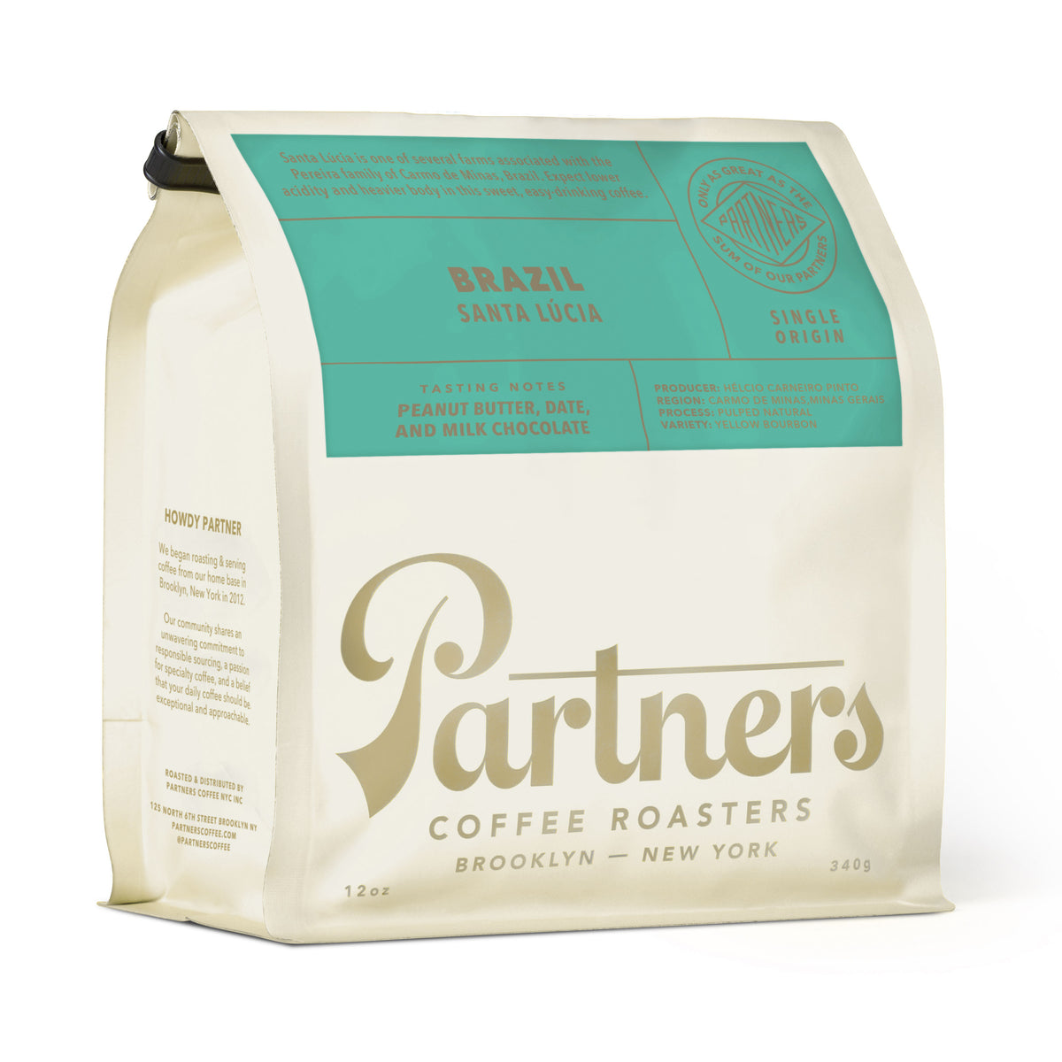 Angled view of a Brazil Santa Lúcia coffee bag showcasing tasting notes of peanut butter, date, and milk chocolate on a white background