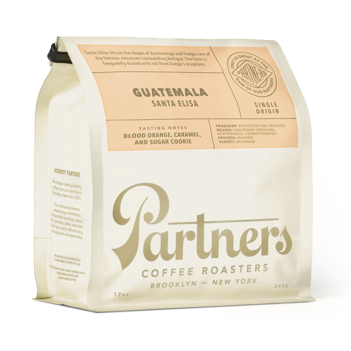 Angled 12 ounce Guatemala Santa Elisa coffee bag with tasting notes of blood orange, caramel, and sugar cookie on white