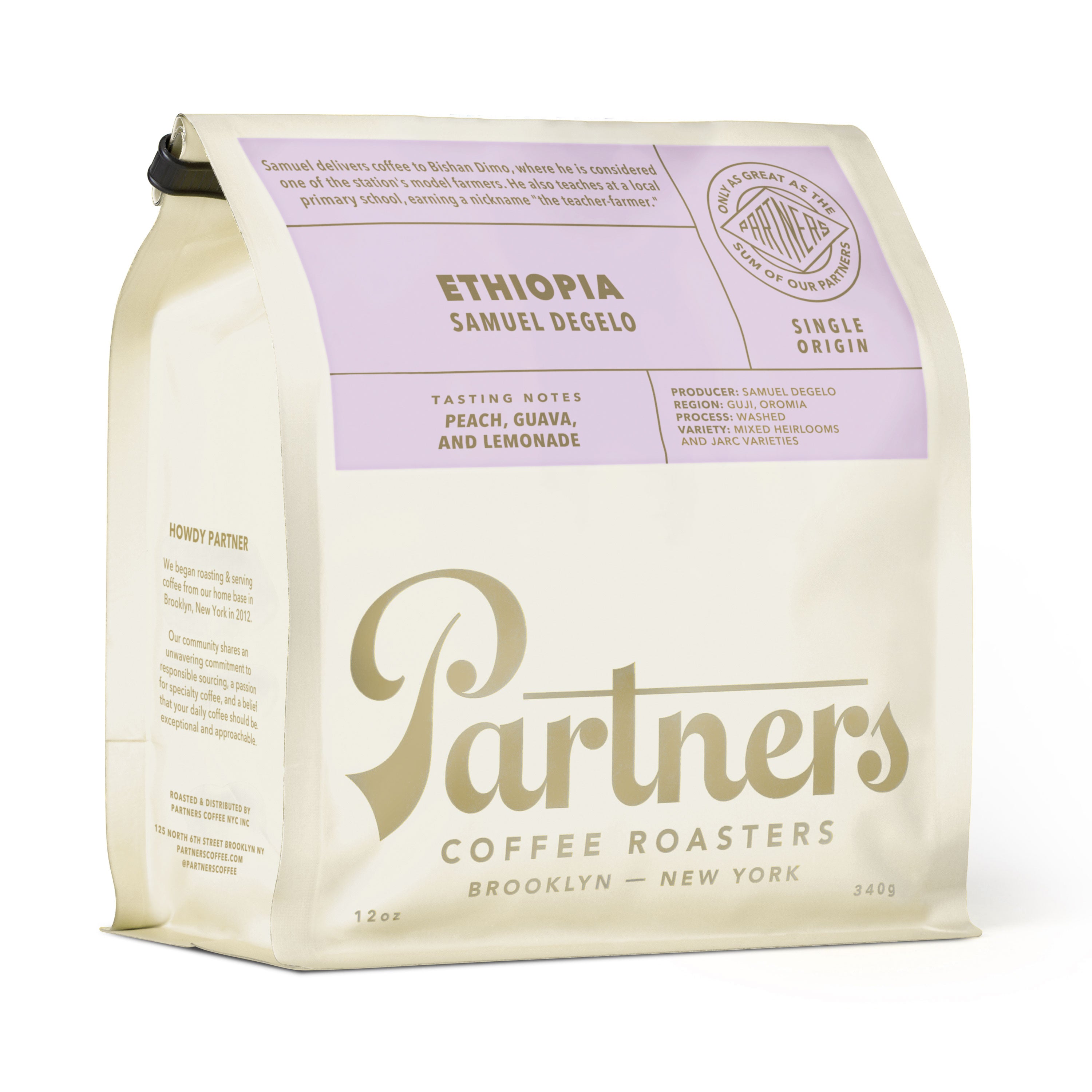 Angled view of 12-ounce Ethiopia Samuel Degelo coffee bag showcasing peach, guava, and lemonade notes on white background